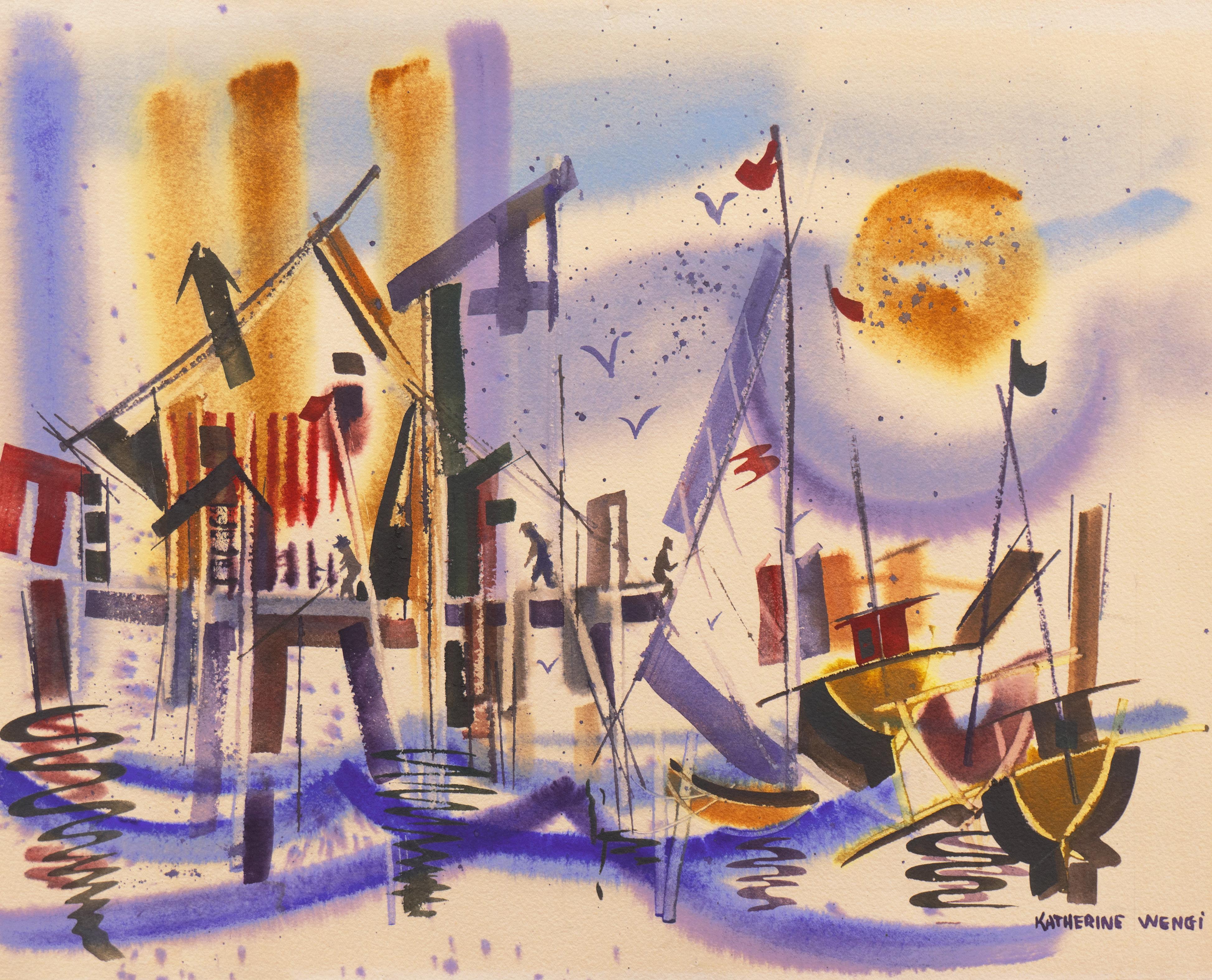 Landscape Art Katherine Wengi - « Fishermen at Monterey Wharf »