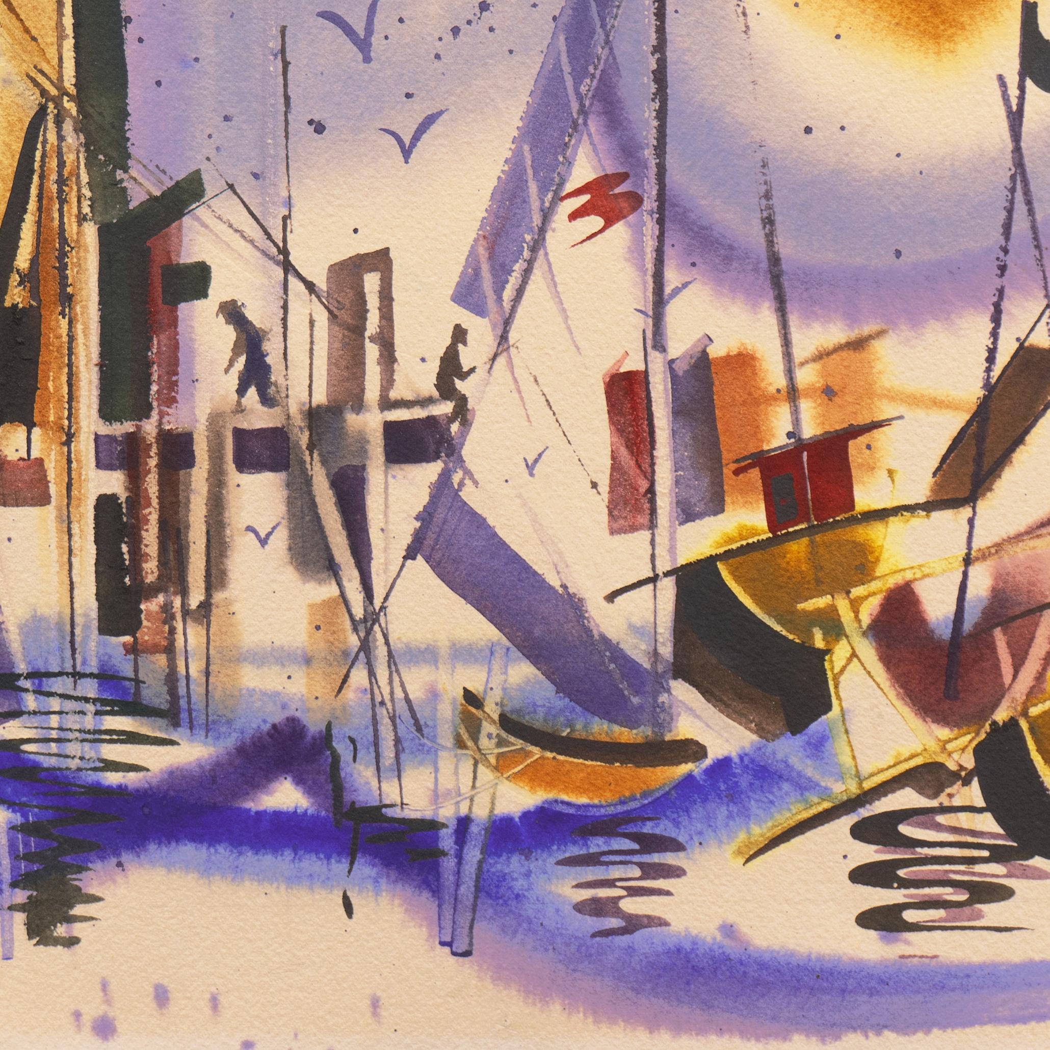 « Fishermen at Monterey Wharf » - Beige Landscape Art par Katherine Wengi