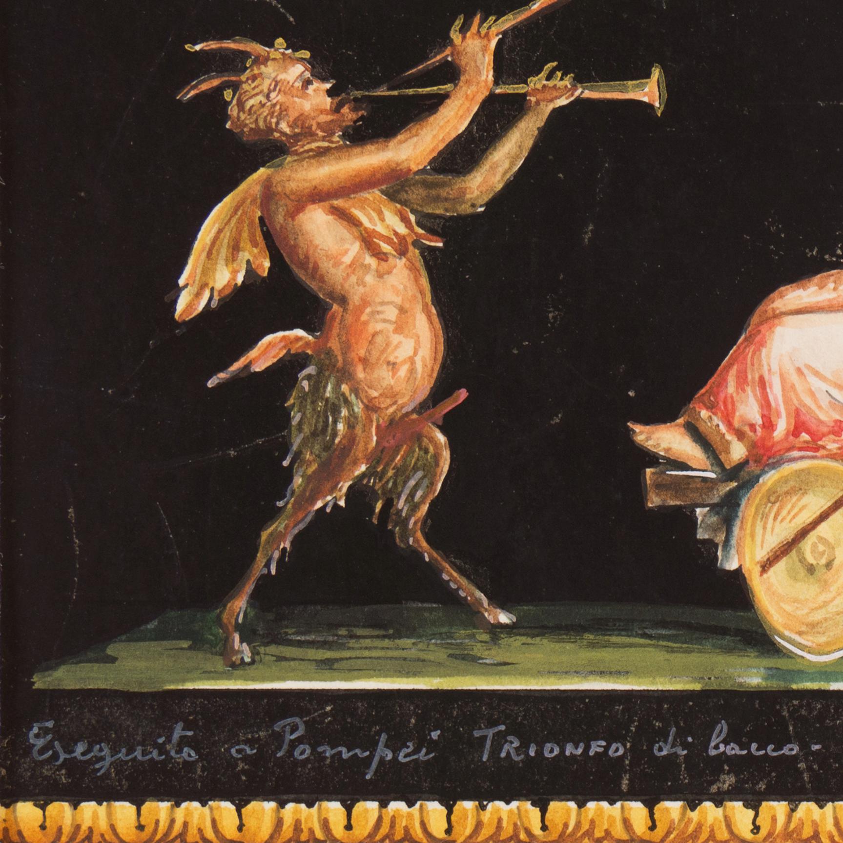 Signed lower right, 'Gallo Giovanni' for Giovanni Gallo (Italian, 20th century) and dated 1954. 
Titled lower left, 'Eseguito a Pompei, 'Trionfo di Bacco'' (Done in Pompeii, 'Triumph of Bacchus').

Framed Dimensions: 
11 H x 14 W x .75 D Inches