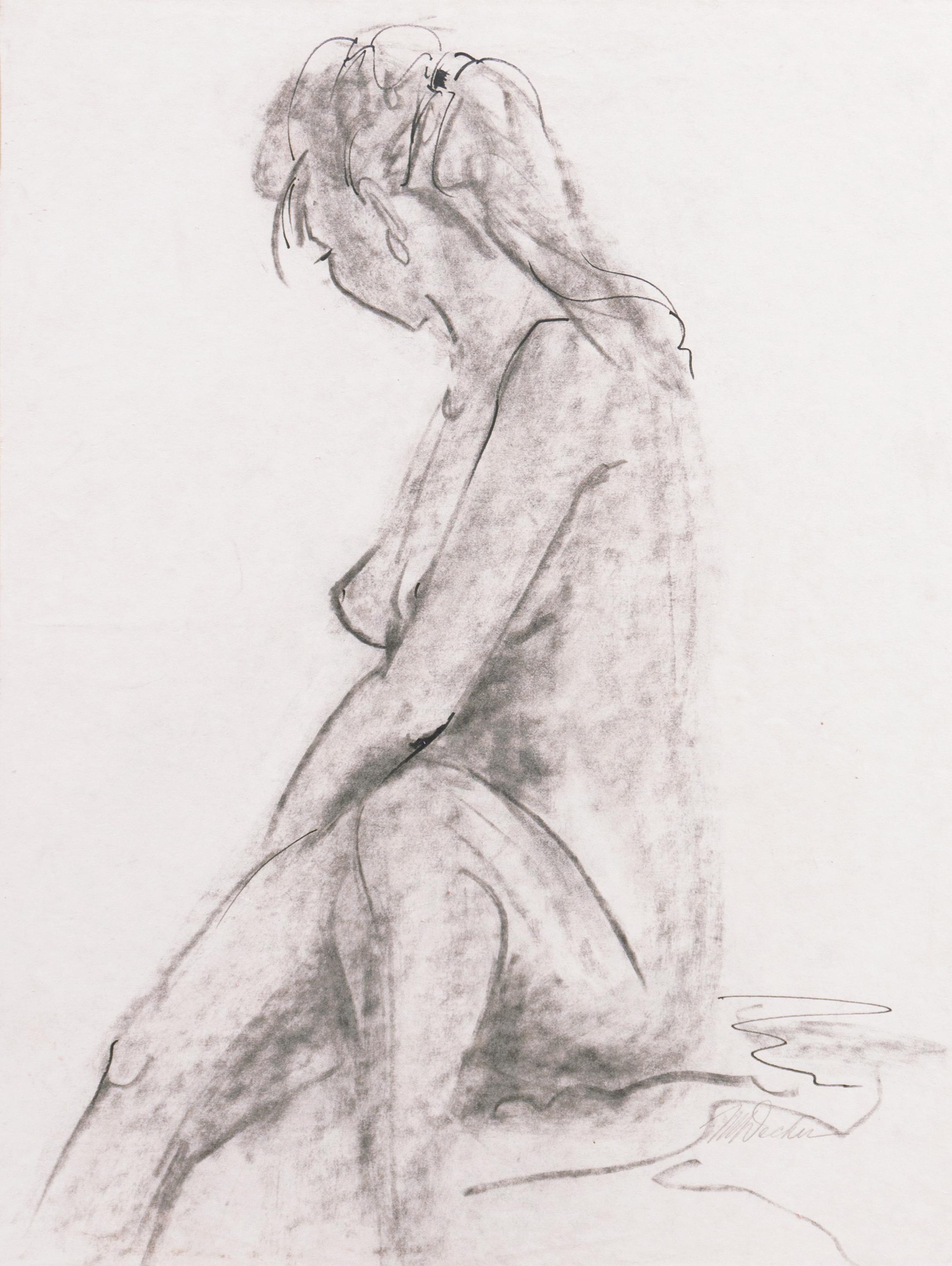 Nude de Michael Decker - Desnudo sentado", estudio figurativo en grafito del modernista estadounidense