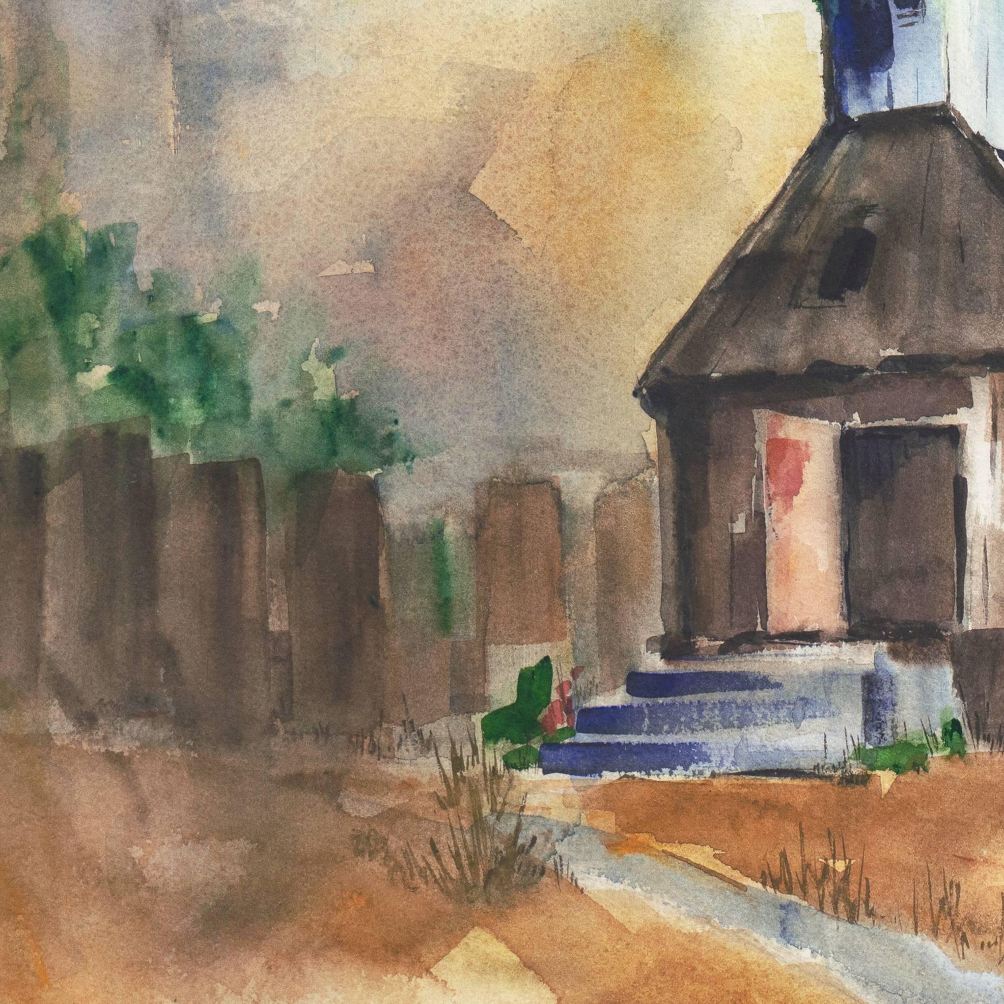 „Grey Outpost, Fort Ross, Kalifornien“, Künstlerin, modernistische Parkansicht aus der Zeit der Moderne (Beige), Landscape Art, von Muriel Backman