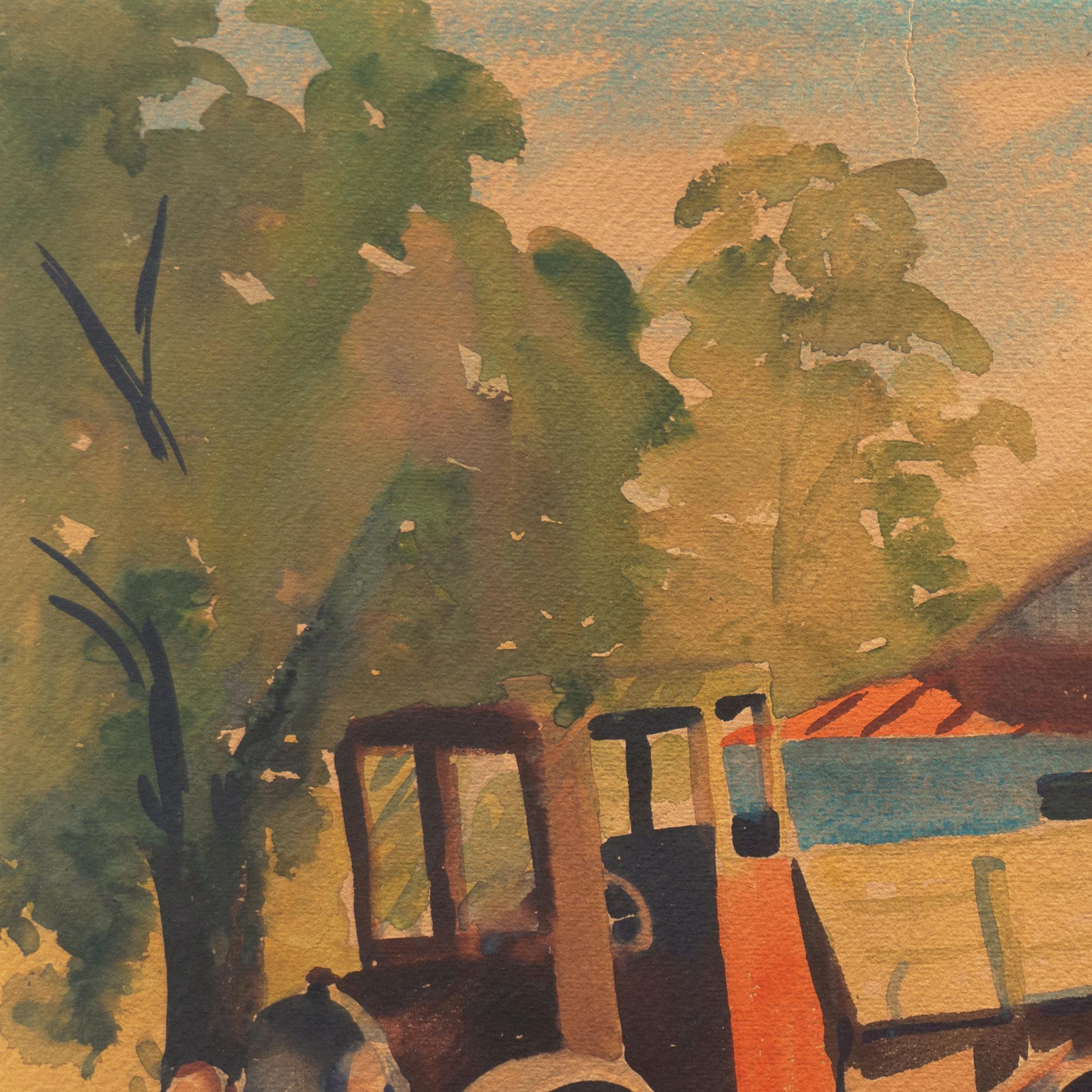 'Old Reliable', Modernista Americano, Jalopy, Camion Ford Modello T con pianale - Landscape Art Marrone di American School