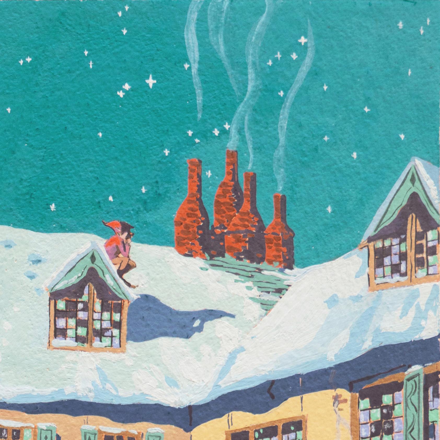 'Elves, Christmas Village on a Starry Night' San Francisco Post-Impressionist For Sale 1