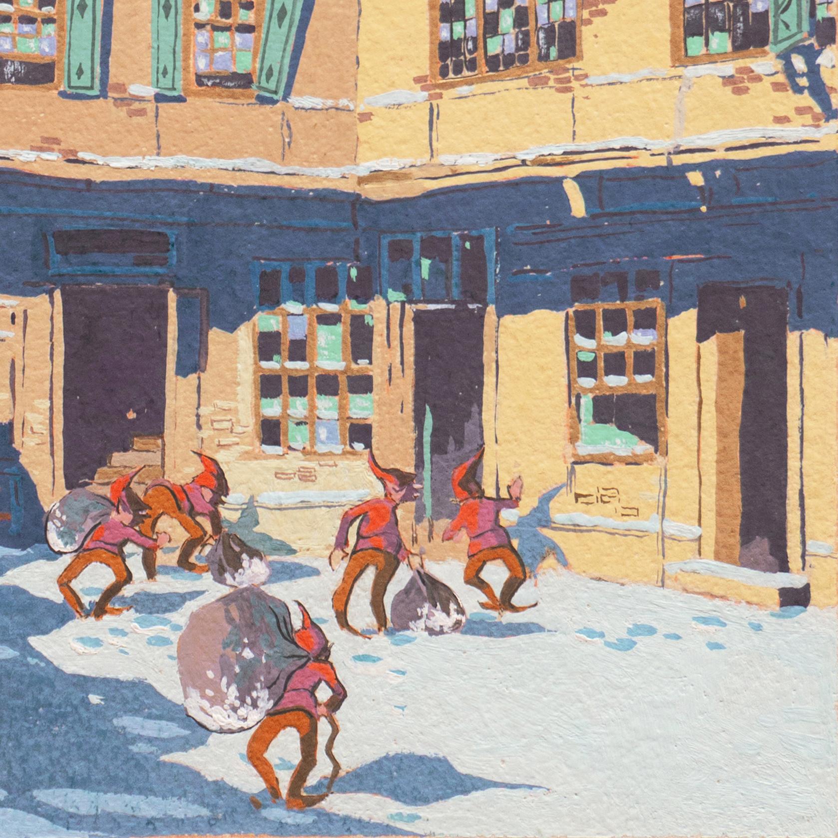 'Elves, Christmas Village on a Starry Night' San Francisco Post-Impressionist For Sale 2