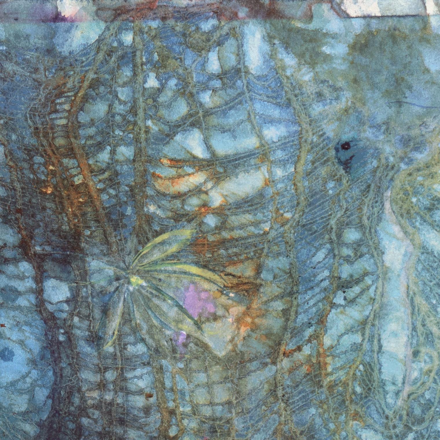 Signed lower left, 'Donna Dearden'; additionally signed on old backing, titled, 'Winter Coming' and painted circa 1975.

A semi-abstracted study of abscised leaves against a variegated sapphire background by this California artist. 
