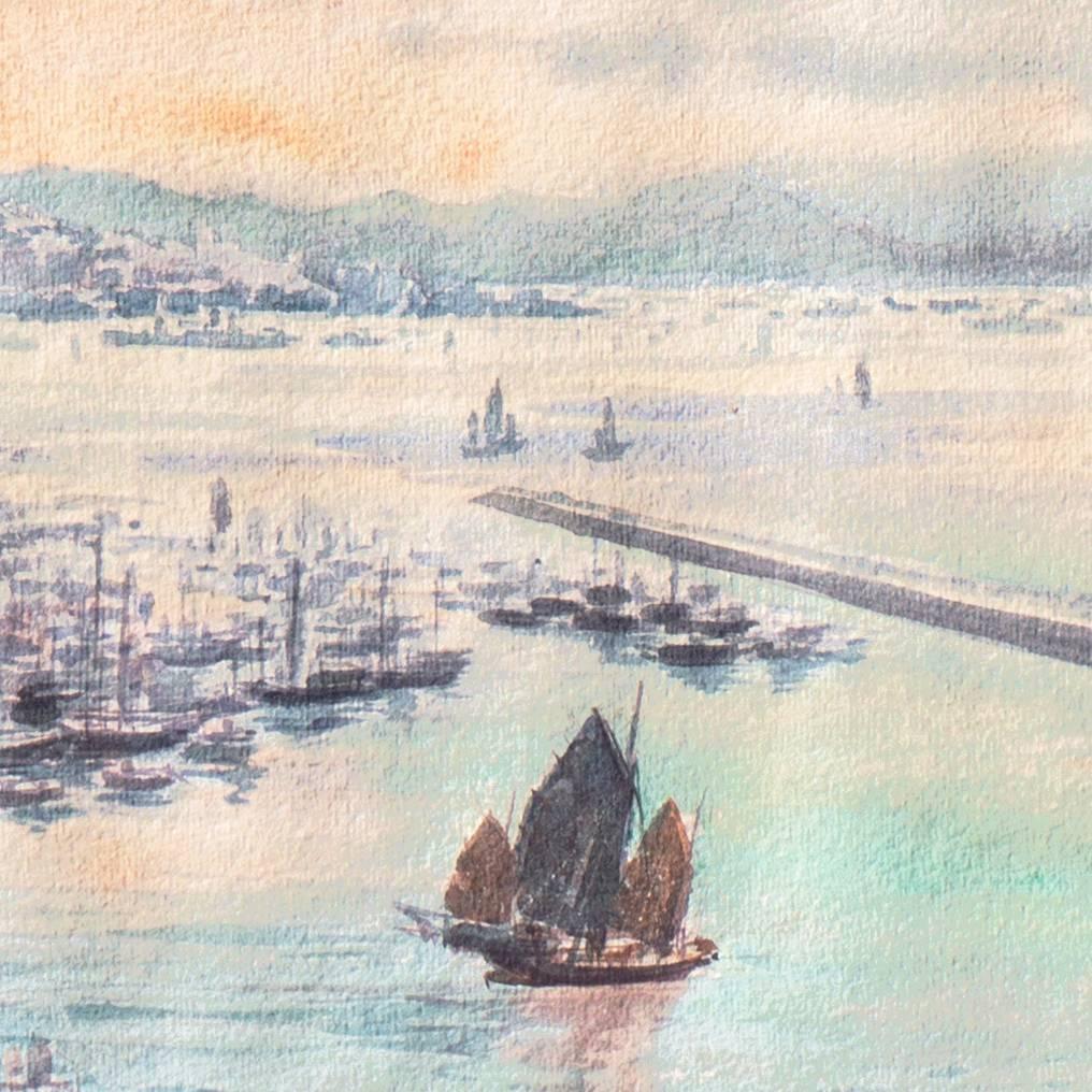 Signed lower center, 'Geo Marzan' and painted circa 1965.

Panoramic sunset view of Causeway Bay, Hong Kong, with numerous fishing vessels and pleasure boats, and Victoria Peak rising above the bay.