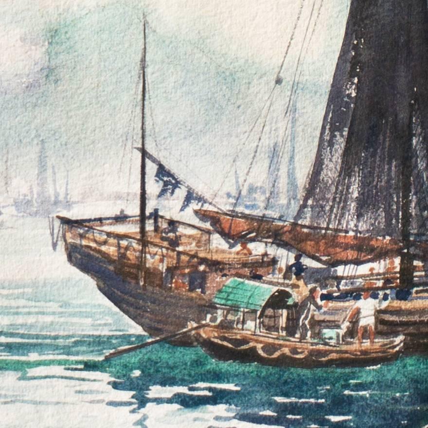 Signed lower left, 'Geo Marzan' and painted circa 1965.

A panoramic sunset view of Causeway Bay, Hong Kong, with a fishing boat and other smaller craft in the foreground and Victoria Peak rising into distant mist.