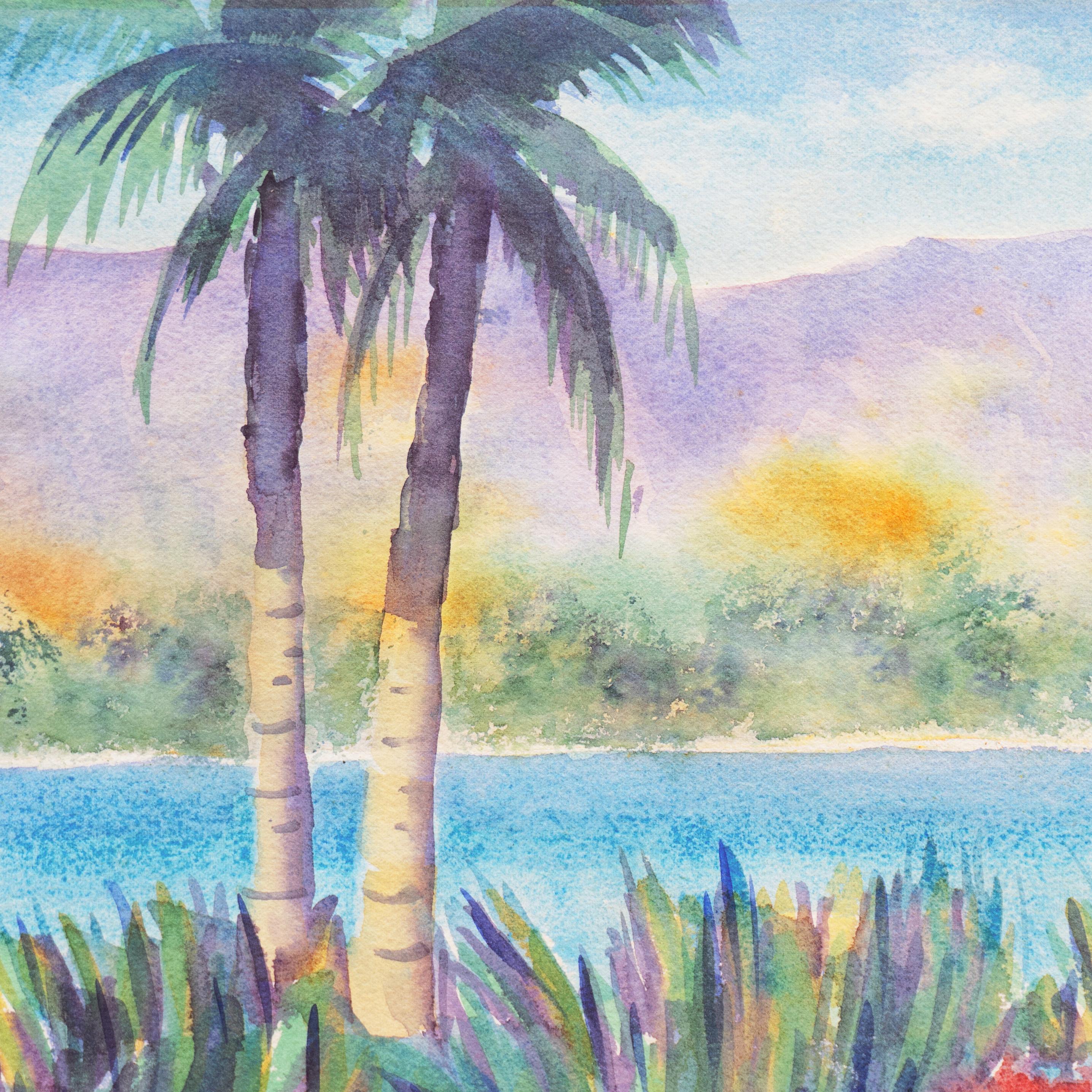 'Tropical Lagoon', Impressionist Landscape with Palm Trees and Bougainvillea - Gray Landscape Art by B. Metcalf