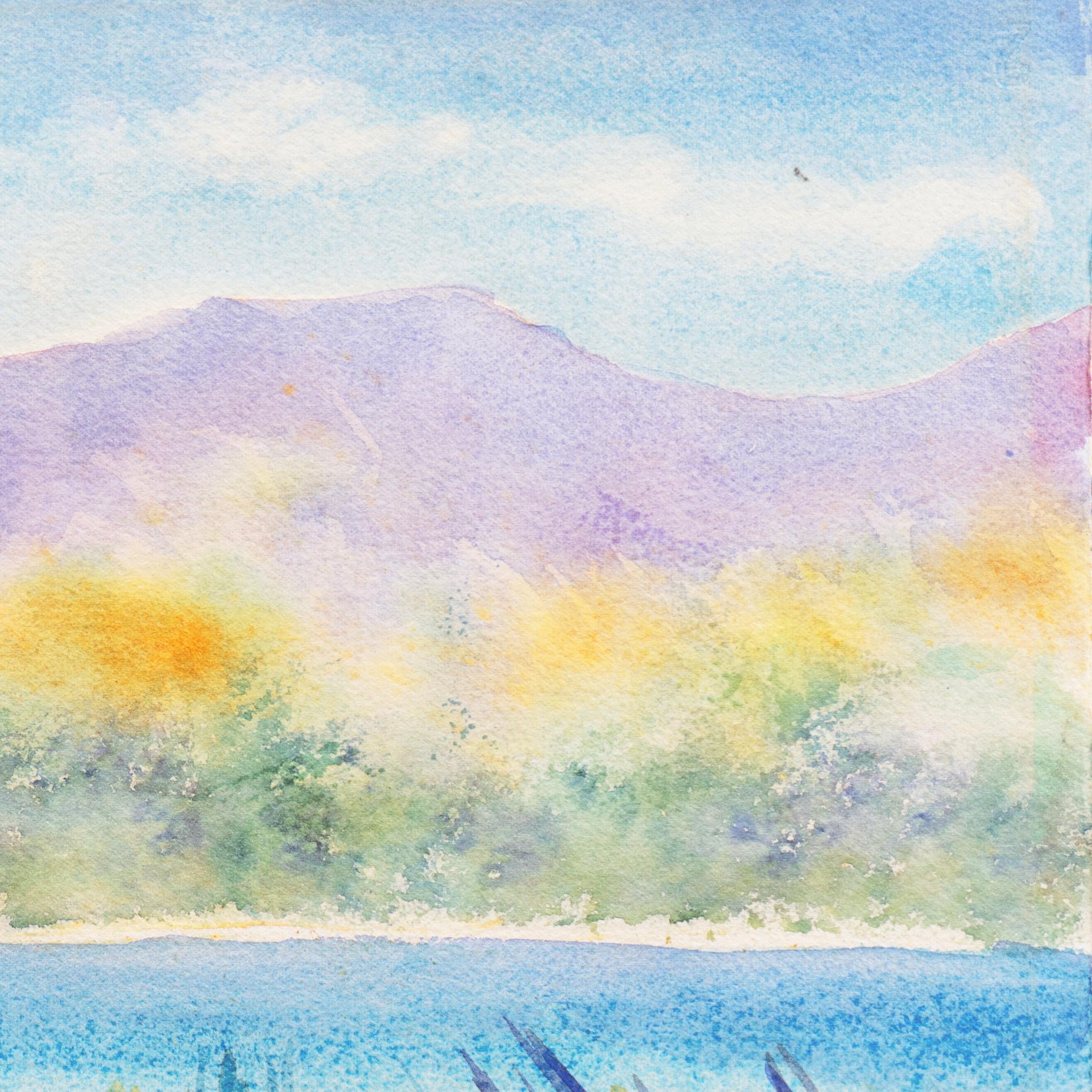 Signed lower center, 'B. Metcalf'; additionally signed verso and painted circa 1975.

An idyllic tropical landscape showing palm trees and scarlet bougainvillea in the foreground with a view beyond, across crystal blue waters,  towards shoreline