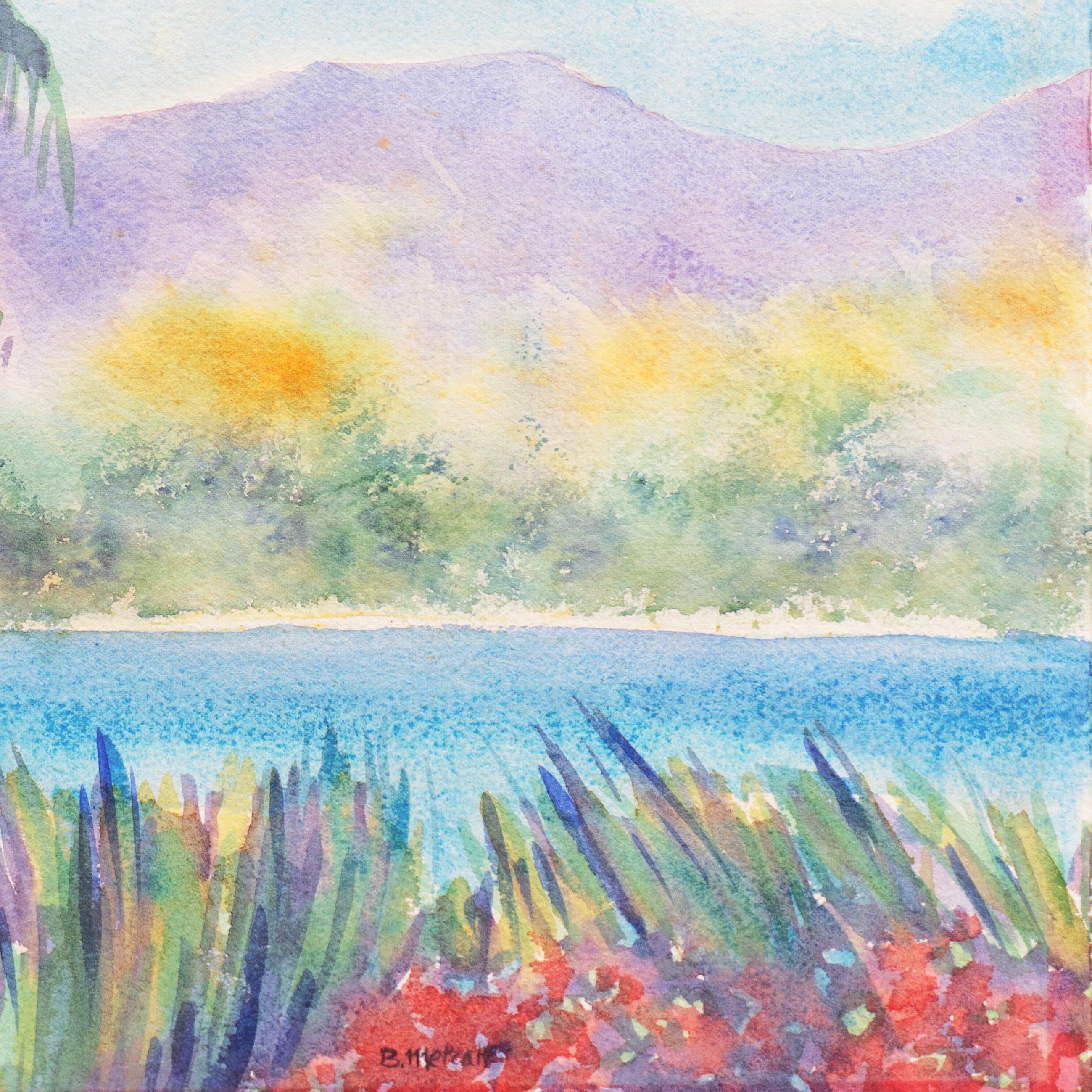 'Tropical Lagoon', Impressionist Landscape with Palm Trees and Bougainvillea For Sale 1