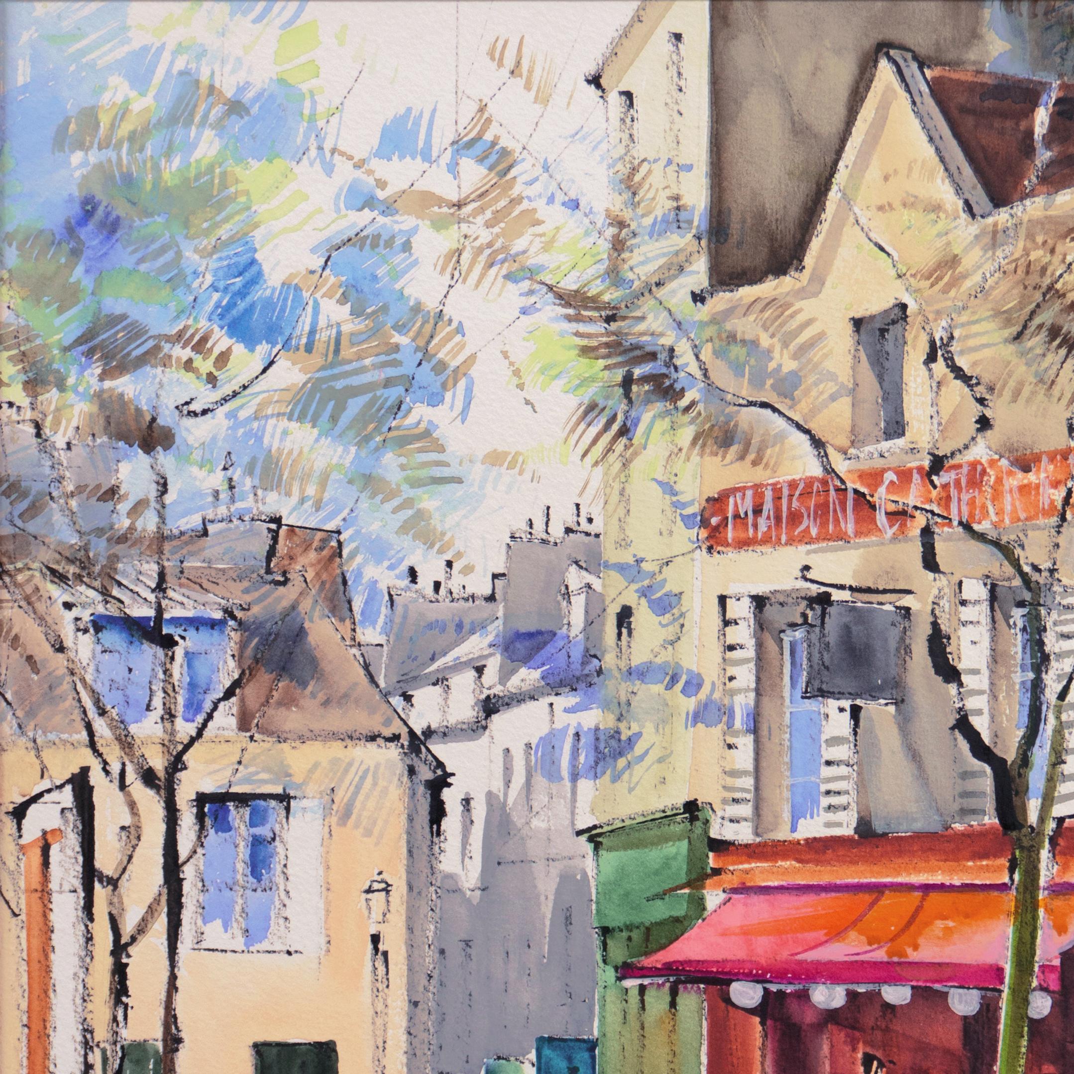 20th Century French School; Signed indistinctly lower left, 'Mini?' and dated 1993.

A bright and breezy, spring-time view of Montmartre with numerous pedestrians walking past the Maison Catherine in the Place du Tertre and a street-artists folio in