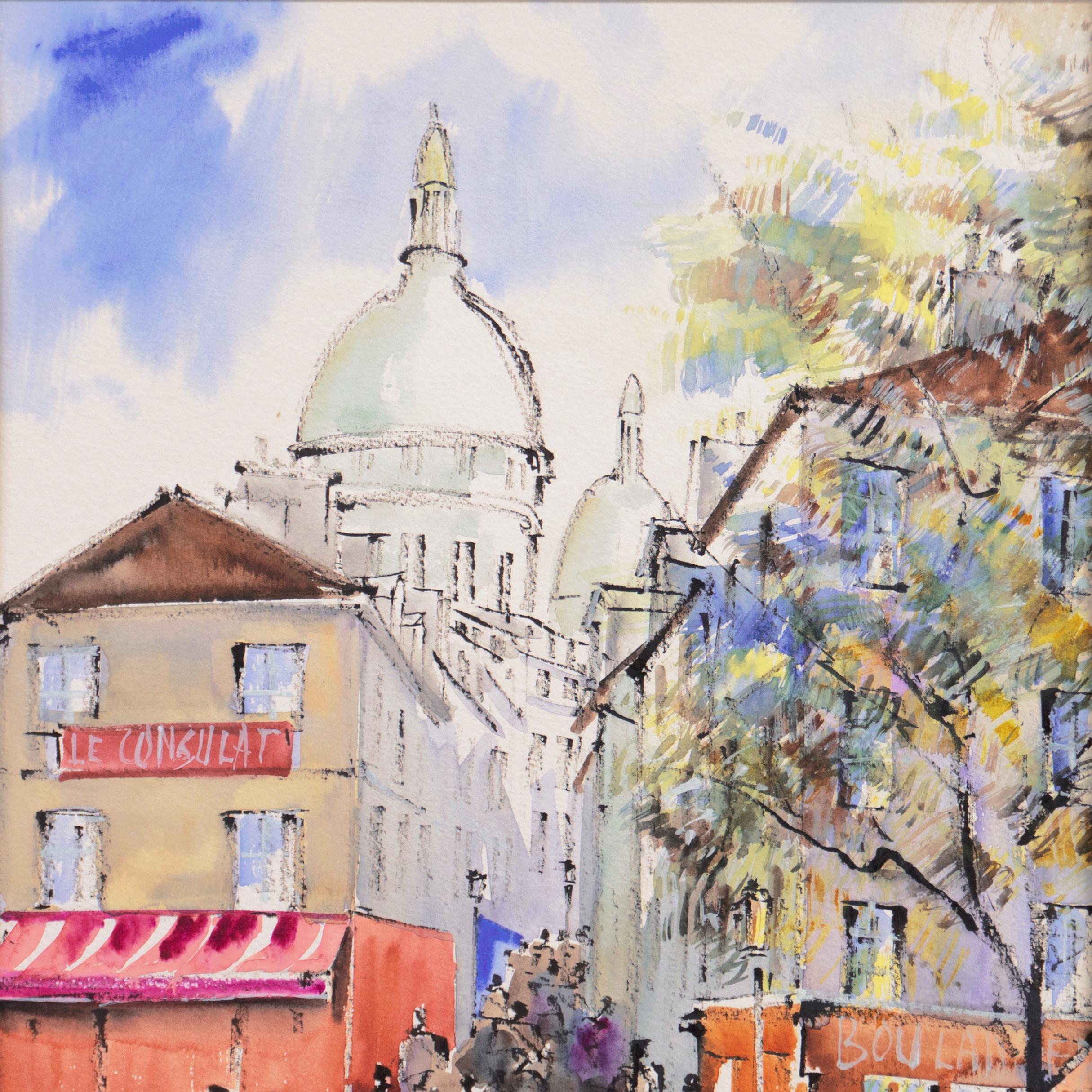 20th Century French School; Signed indistinctly, lower left, 'De Mini? and dated 1993.

A Post-Impressionist style, Parisian cityscape showing a view of Montmartre with numerous pedestrians walking in the street beside the Café Le Consulat and the