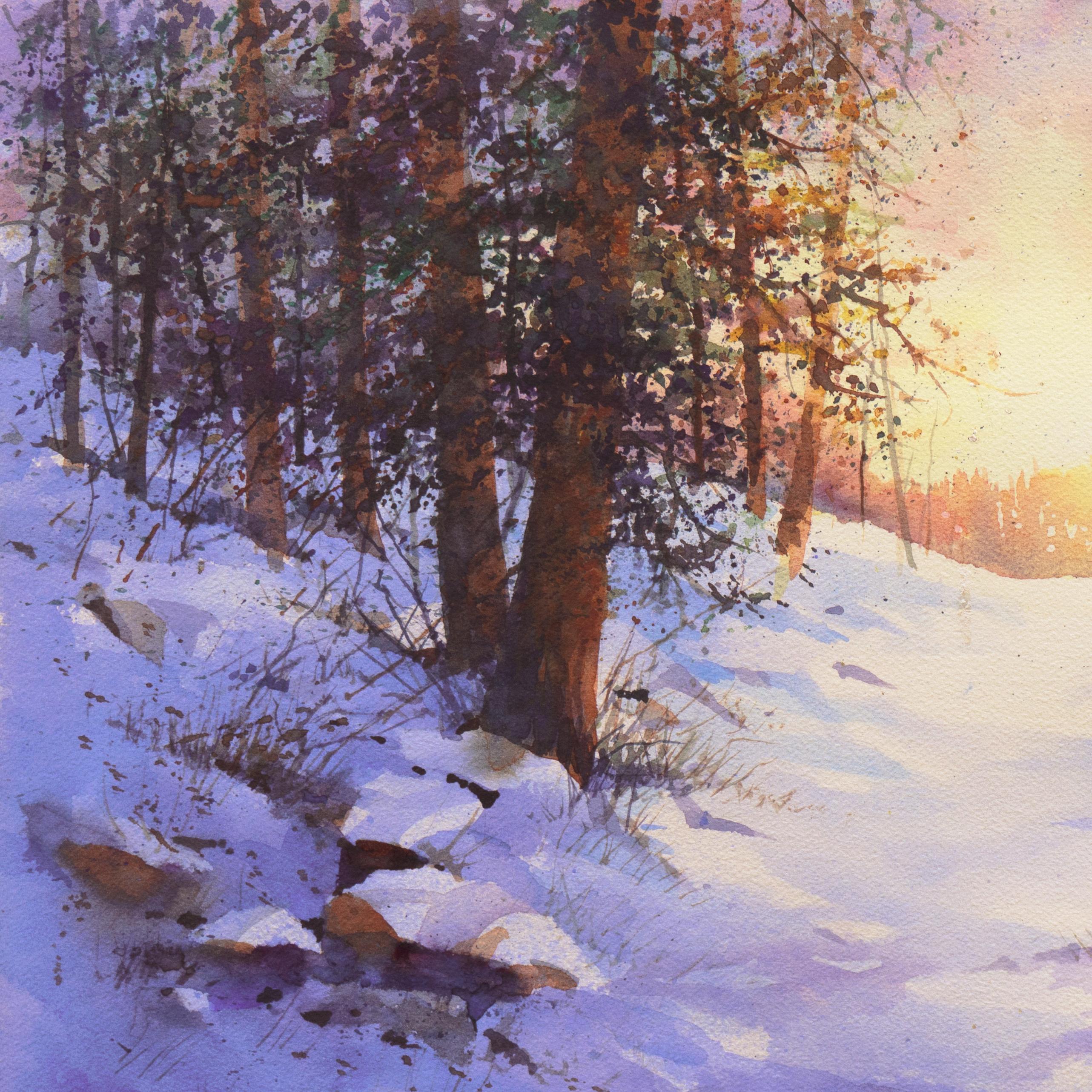 'Snowy Mountain Sunrise', San Francisco Bay Area, San Jose, Washington State - Gray Landscape Art by Harold Booth