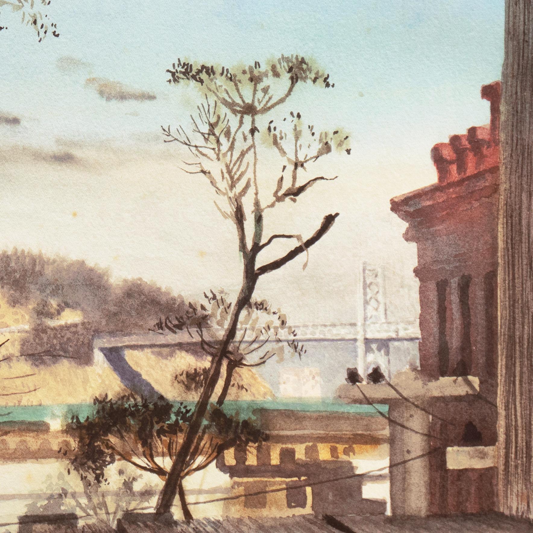 'Yerba Buena from Telegraph Hill', San Francisco, Bay Bridge, California - Gray Landscape Art by Carl Niederer