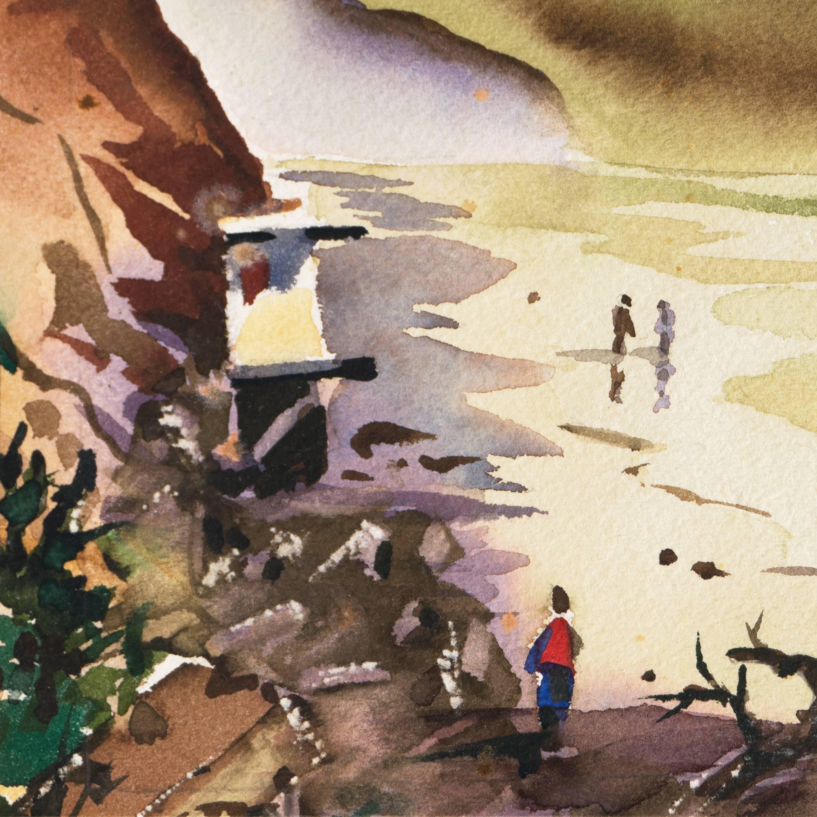 Signed lower right, 'Edwin Adamson', titled verso, 'Torrey Pines Beach' and painted circa 1965.

A view of the famous San Diego state park beach, shown at sunset with figures walking on the shore.

An alumnus of Hamlin University and the University