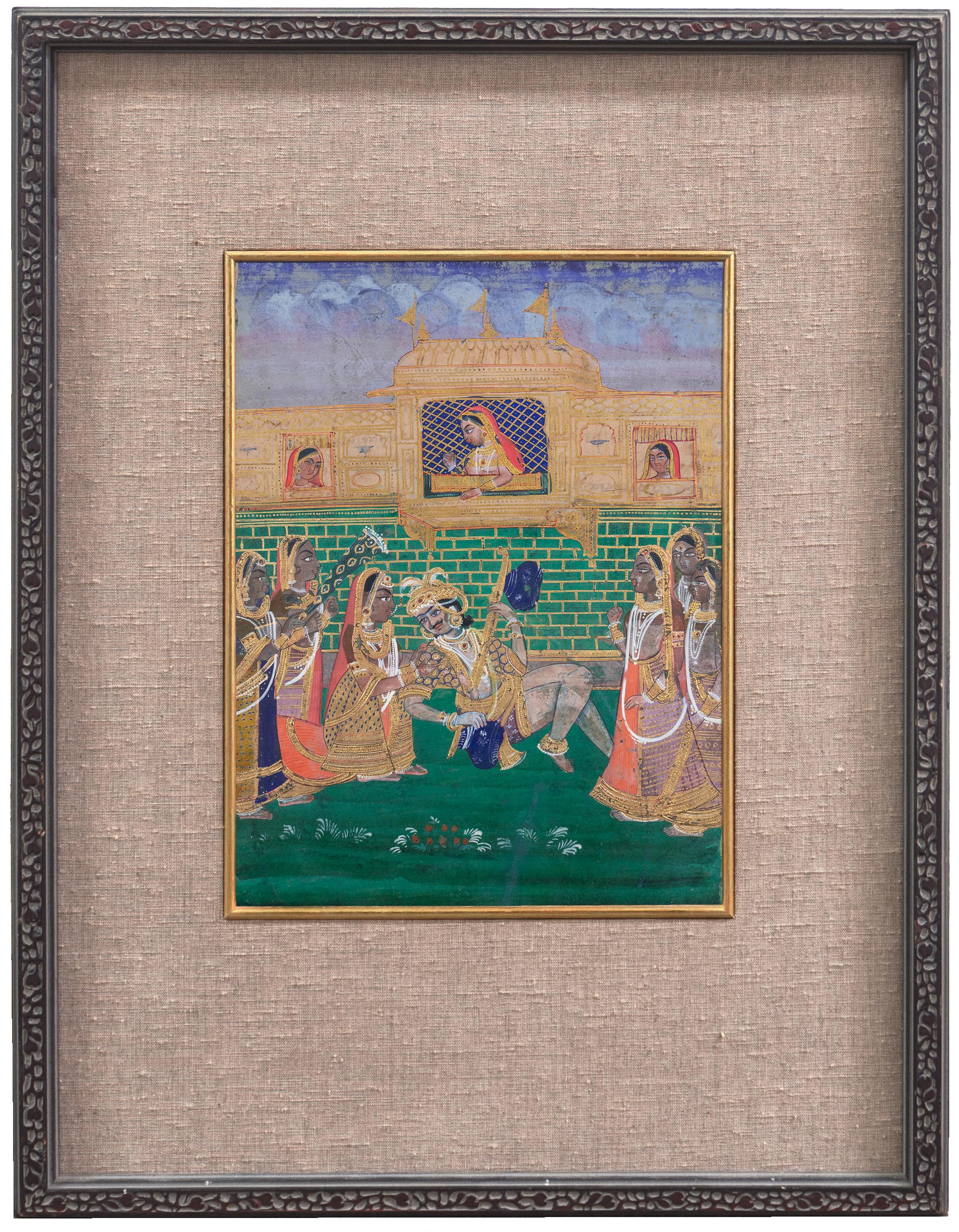 'Stately Pleasure Dome', South-East Asian, Mughal, Concubines, Fine Gilding - Gold Landscape Art by Mughal School