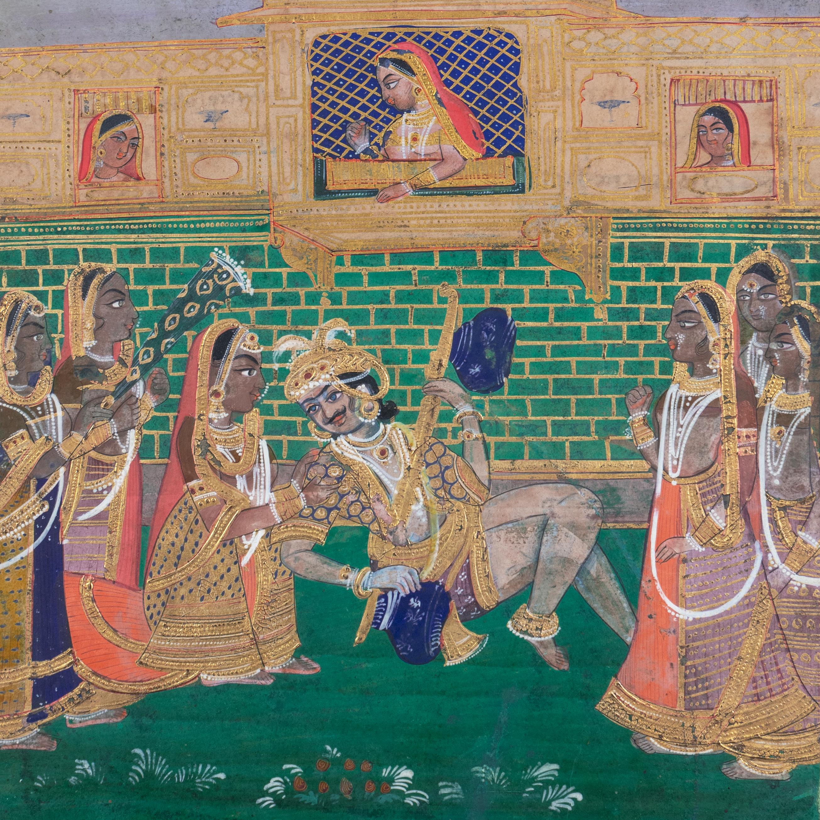 An 18th century, Mughal painting of a tribal chief, shown richly dressed and reclining in a courtyard surrounded by numerous concubines. Exceptional attention to detail throughout, particularly in the fine and detailed application of the gold leaf