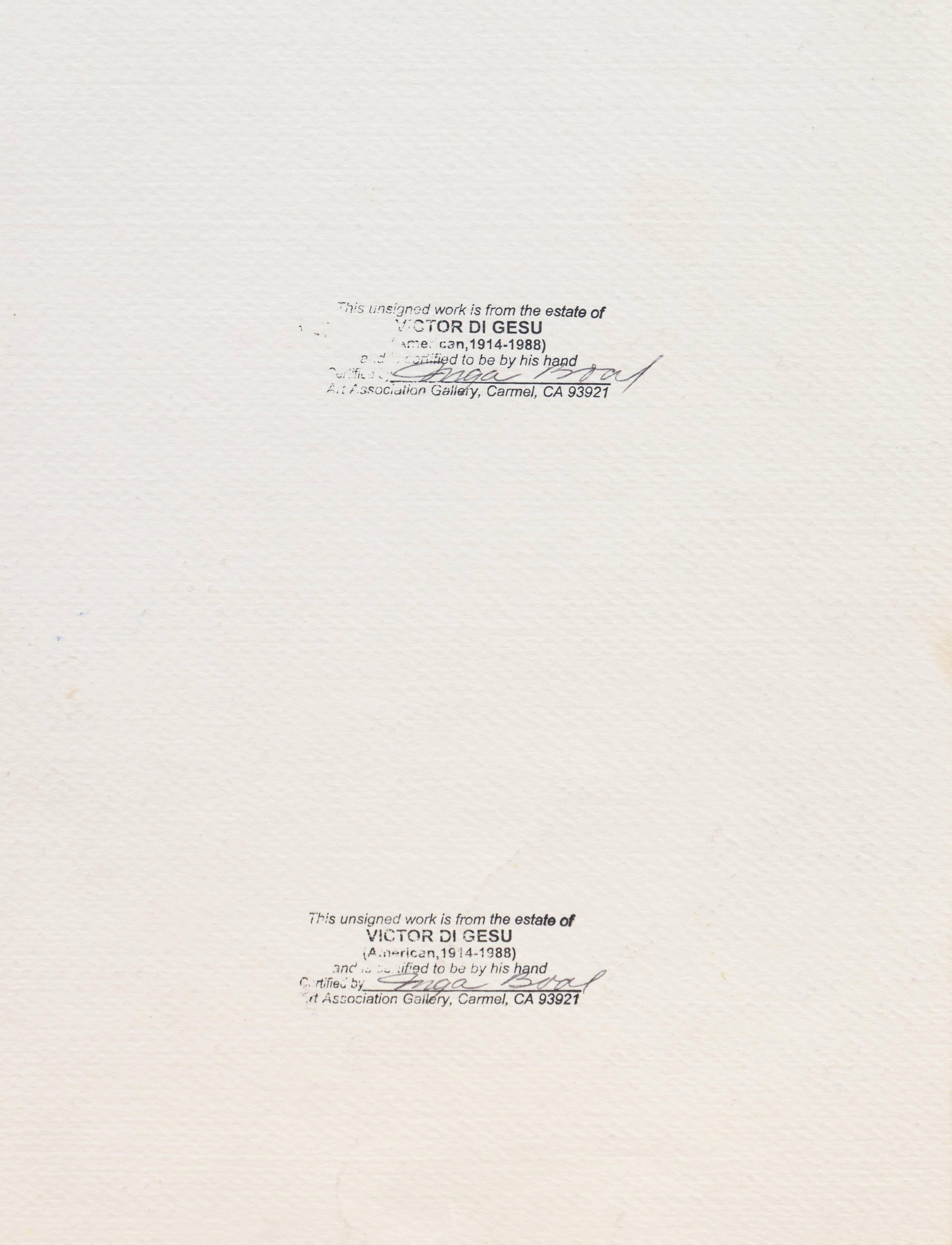 Victor Di Gesu (américain, 1914-1988) cachet de la succession au verso.

Nu à l'aquarelle représentant une femme assise, dos au spectateur, sur un fond de rose poussiéreux, de sépia et de vert olive.

Lauréat du prix Othon Friesz, Victor di Gesu a
