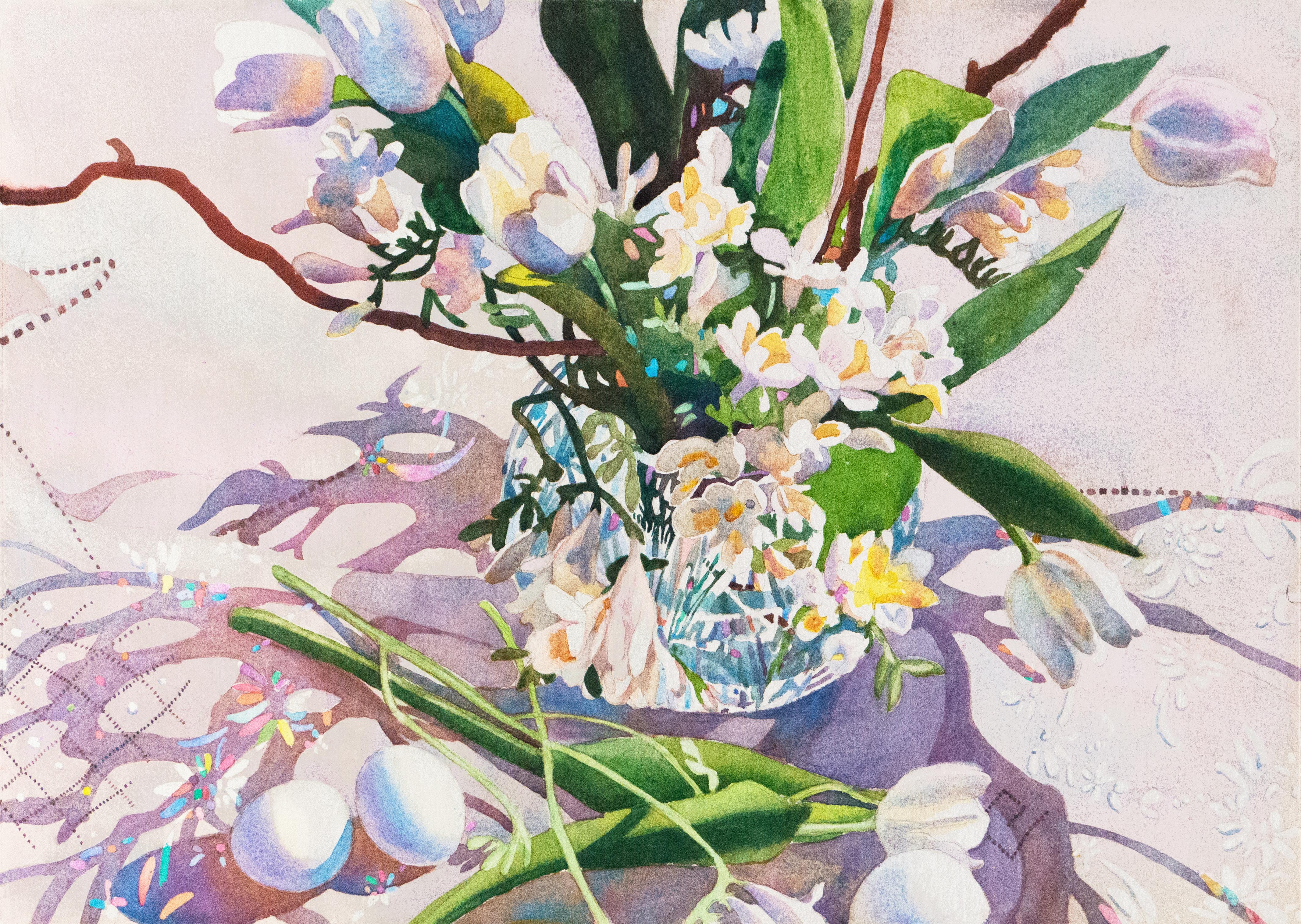 Patricia Hansen Still-Life – „Easter Basket“:: Künstlerin:: Stillleben aus weißen Tulpen und Freisia