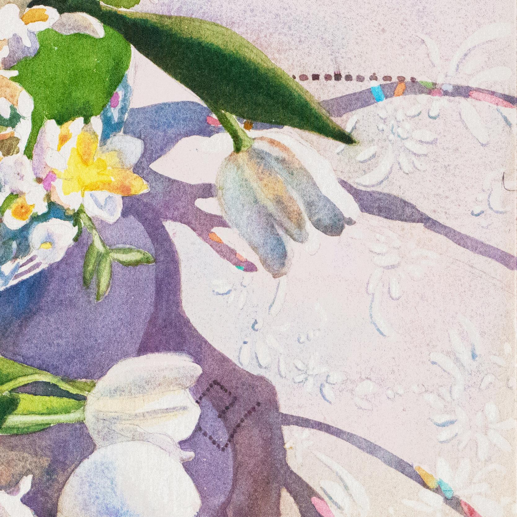 „Easter Basket“:: Künstlerin:: Stillleben aus weißen Tulpen und Freisia (Realismus), Art, von Patricia Hansen