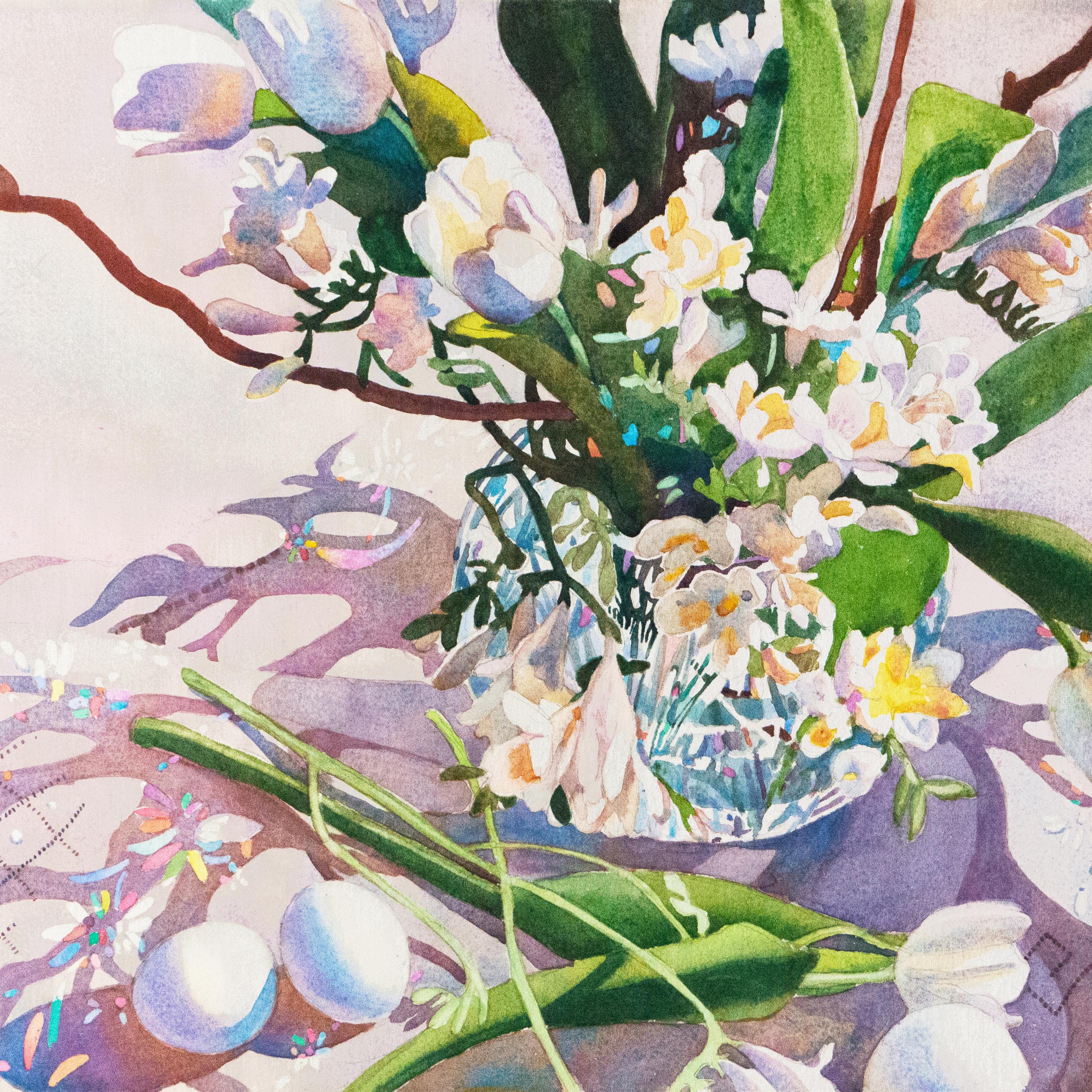 'Easter Basket', Woman Artist, Still Life of White Tulips and Freesia  - Gray Still-Life by Patricia Hansen