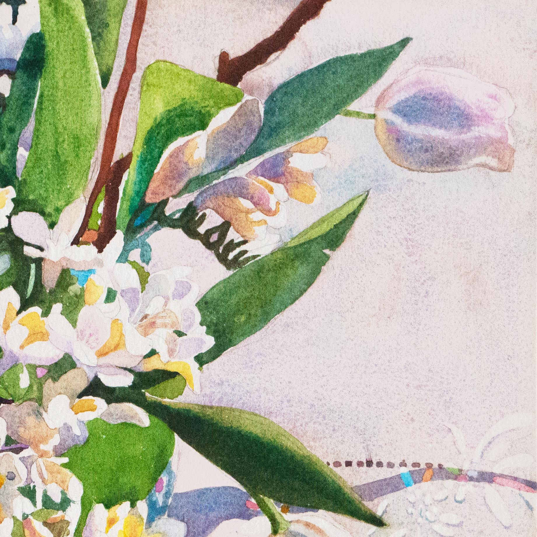 'Easter Basket', Woman Artist, Still Life of White Tulips and Freesia  1