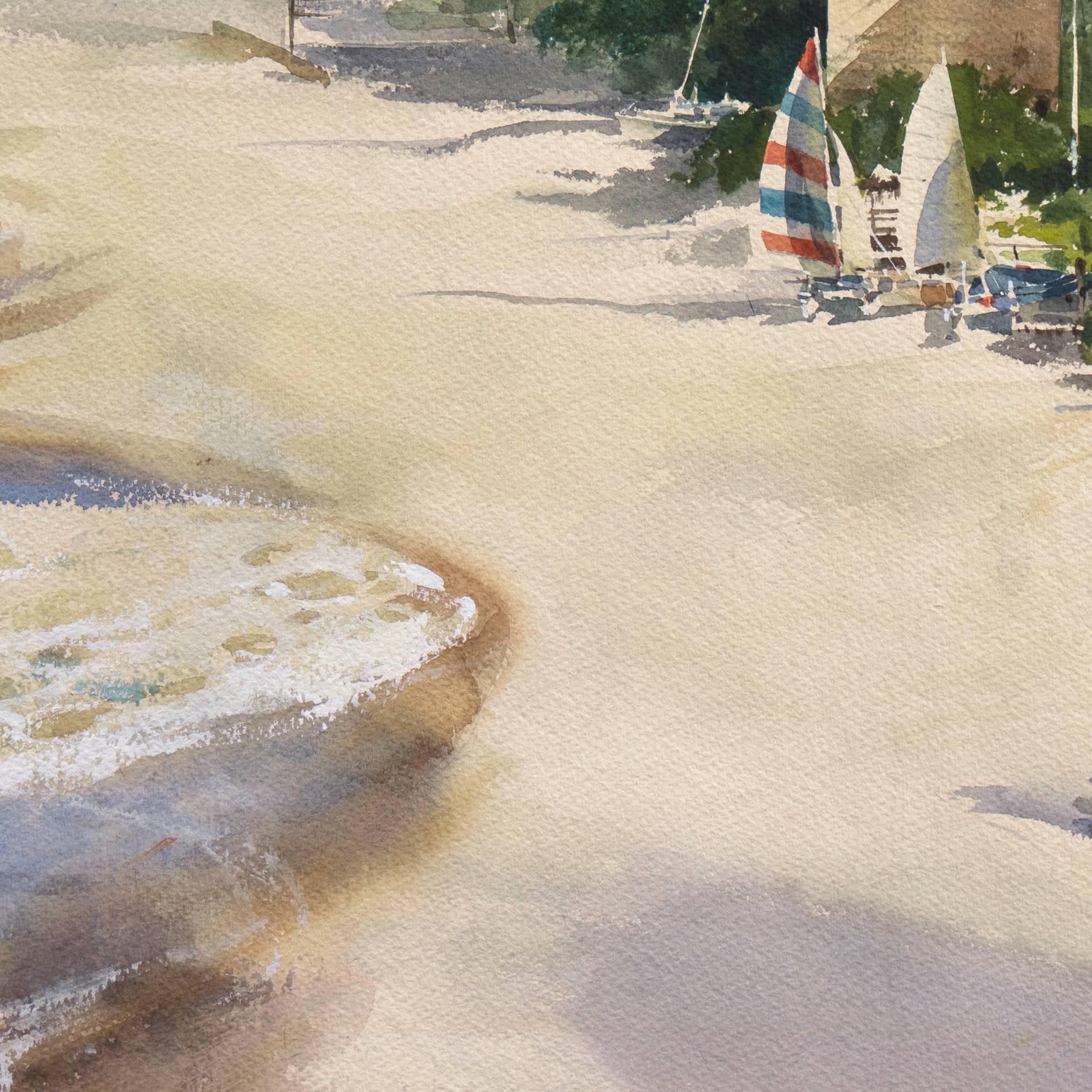 An elegant figural coastal scene showing a view of a morning volleyball game in progress on the sandy beach off 8th Street, Laguna Beach. A delicately painted and atmospheric work by this award winning California watercolorist and muralist.

Signed