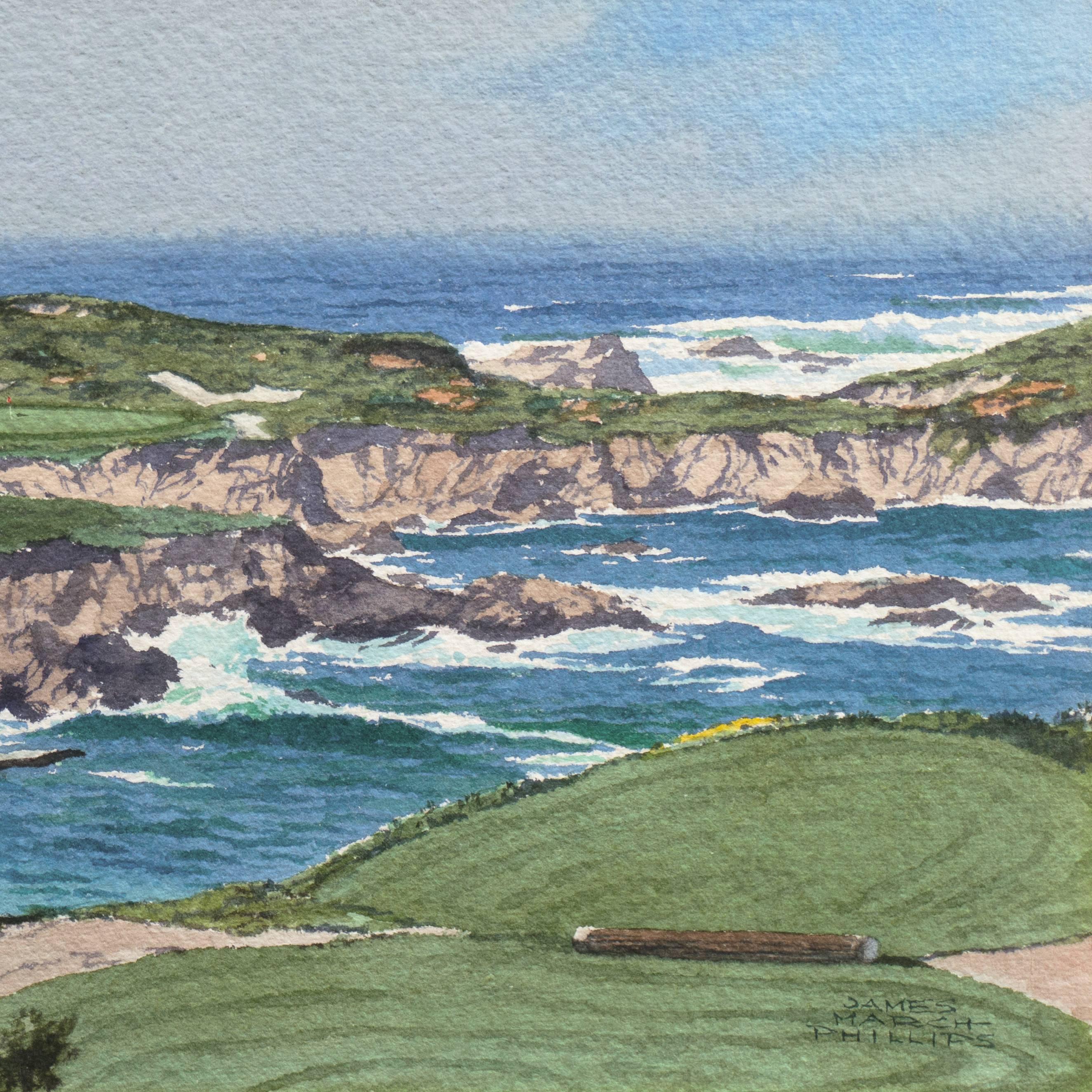 'Playing the 16th Hole, Cypress Point' San Fransisco Post-Impressionist - Gray Landscape Art by James March Phillips