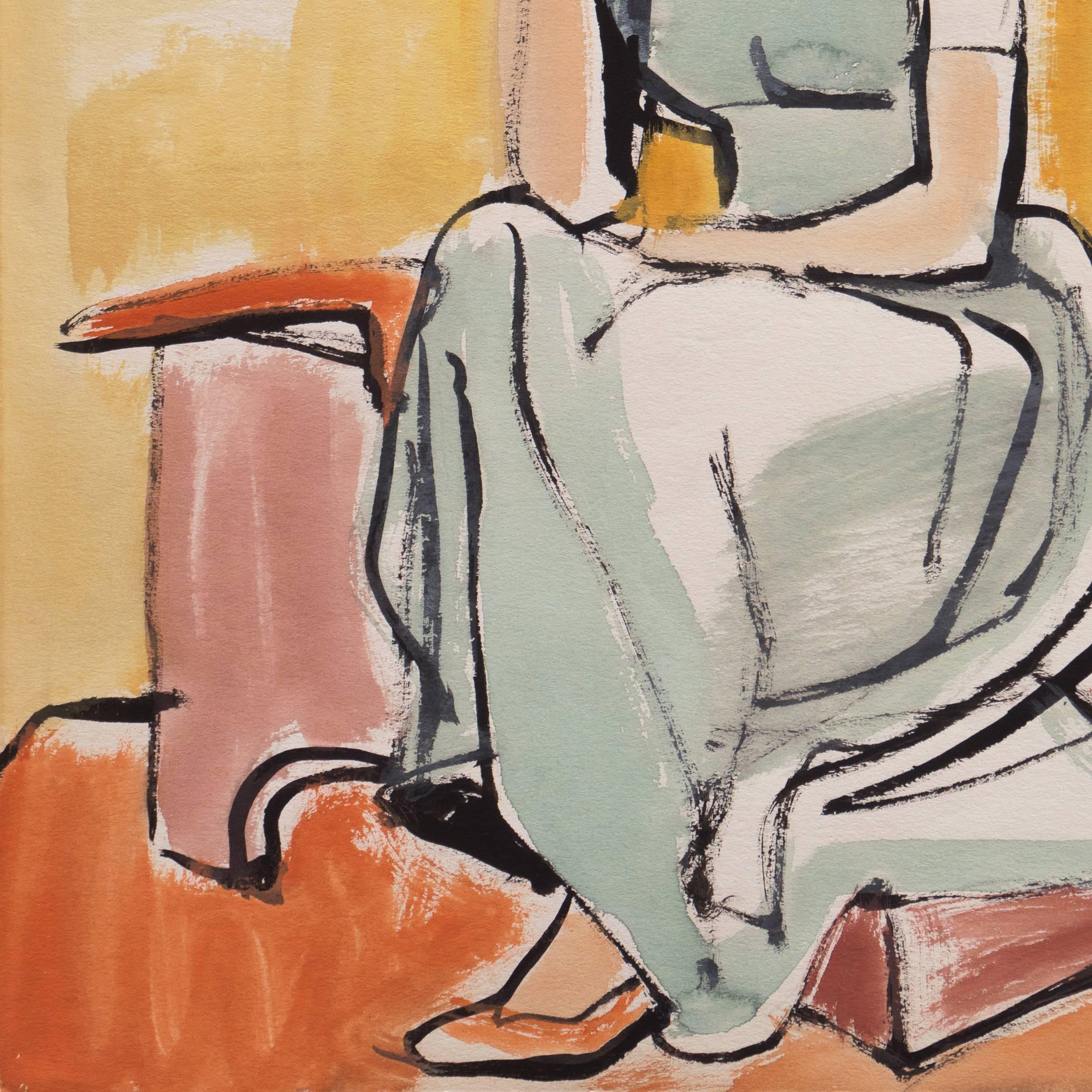 Certificat d'authenticité tamponné au verso pour Jerry Opper (américain, 1914-2014).

Une vue moderniste américaine lyrique d'une jeune femme assise dans un intérieur, regardant vers le spectateur, le menton posé pensivement sur sa main.

Né à