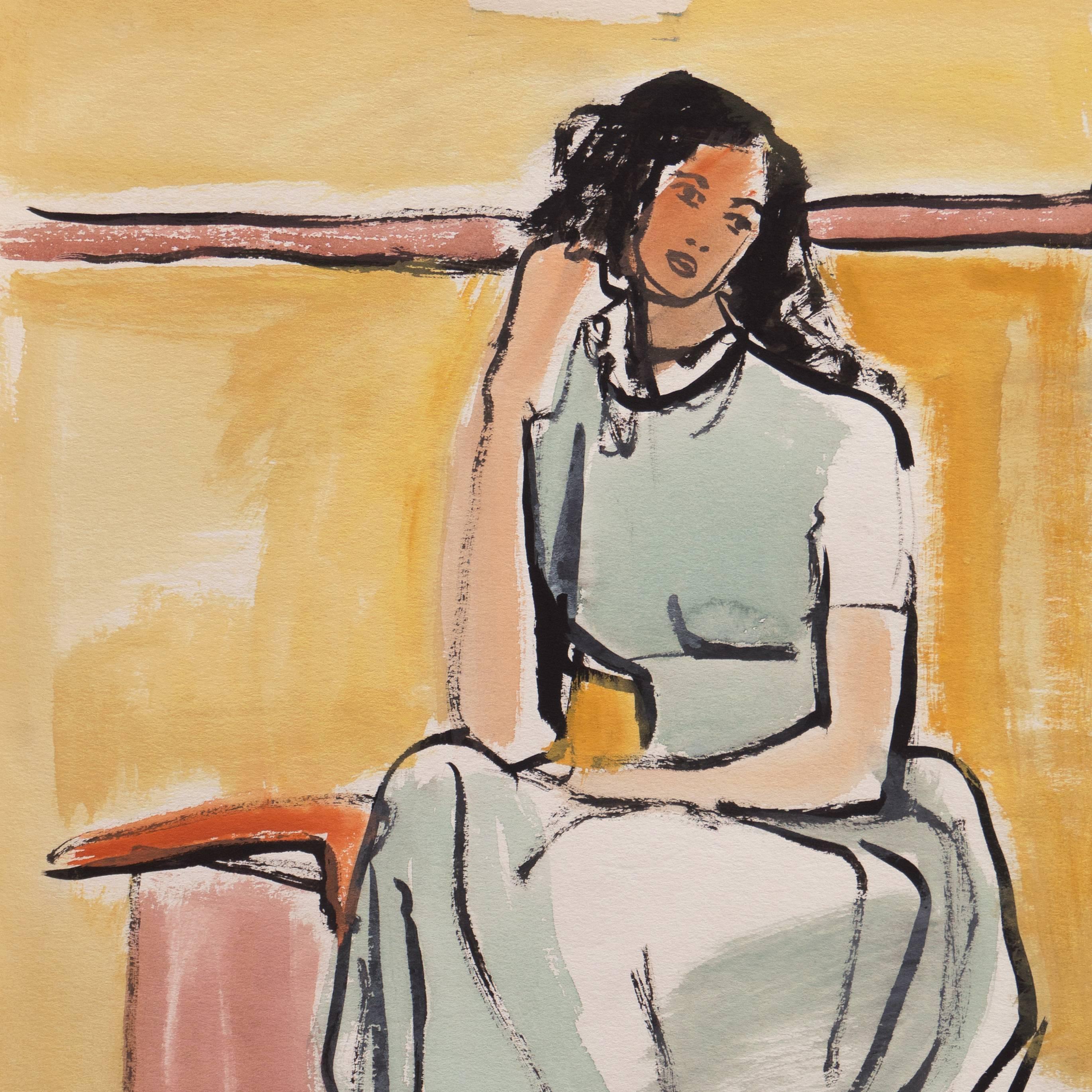 « Young Woman Seated » (Jeune femme assise), Cincinnati Art Museum, Brooklyn Museum, San Francisco - Beige Figurative Art par Jerry Opper