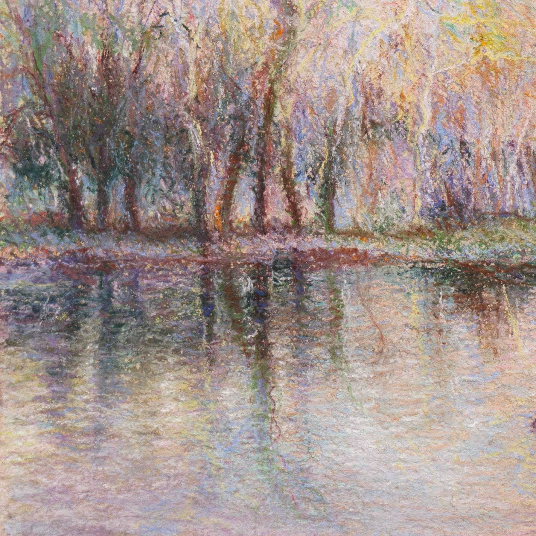 An Impressionist study showing a view of a leisure rowboat moored at the shore of a lake. 

Signed lower right, 'Orval' and dated 1992.

Displayed in an ivory mat.
Matted Dimensions: 22.5''H x 27.75''W x .25''D
