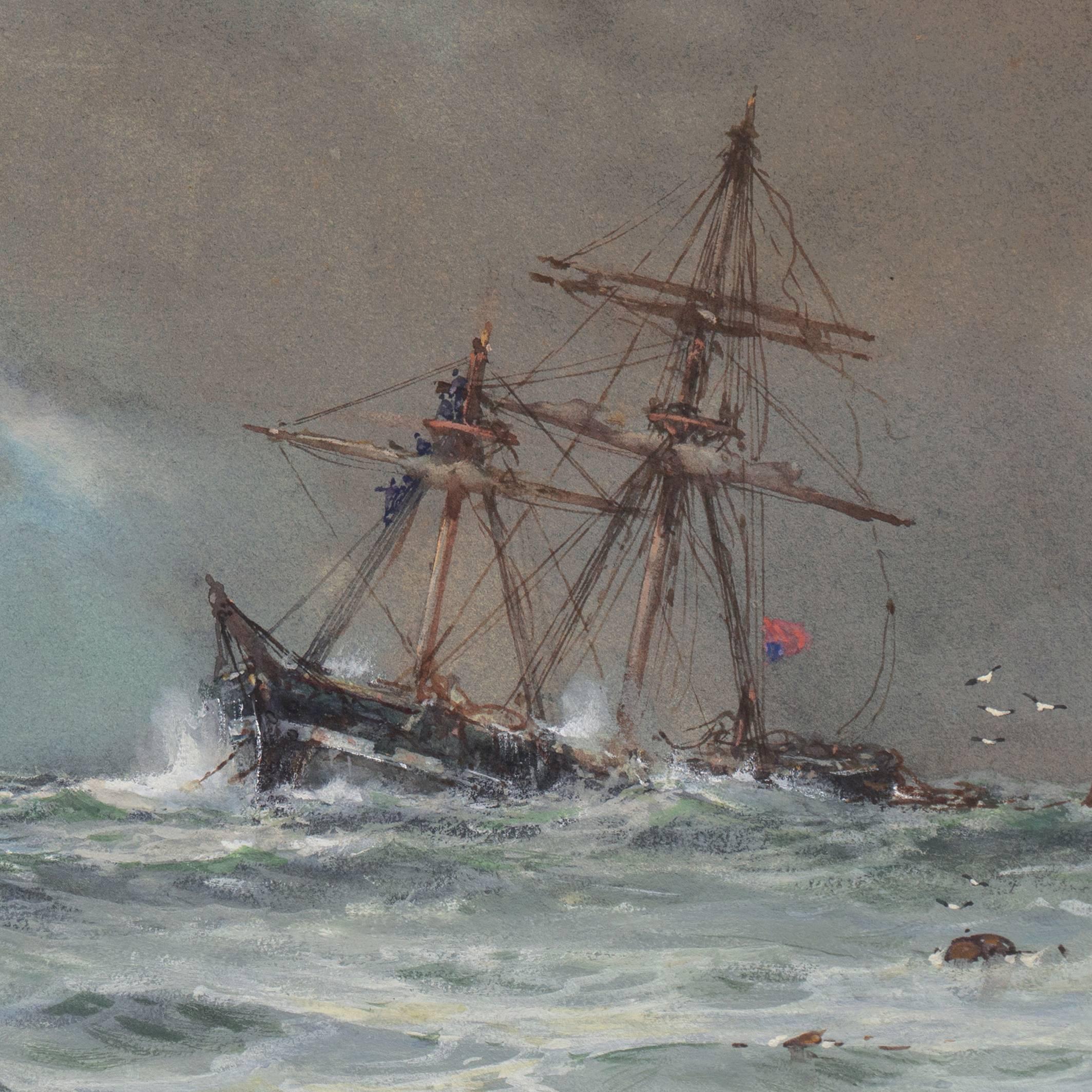 A dramatic gouache and watercolor marine scene showing a view of turbulent ocean waters overwhelming a three-masted ship. 

Signed lower left, 'A. Wilde Parsons' for Arthur Wilde Parsons (British, 1854 - 1931) and dated 1910.

A marine and landscape