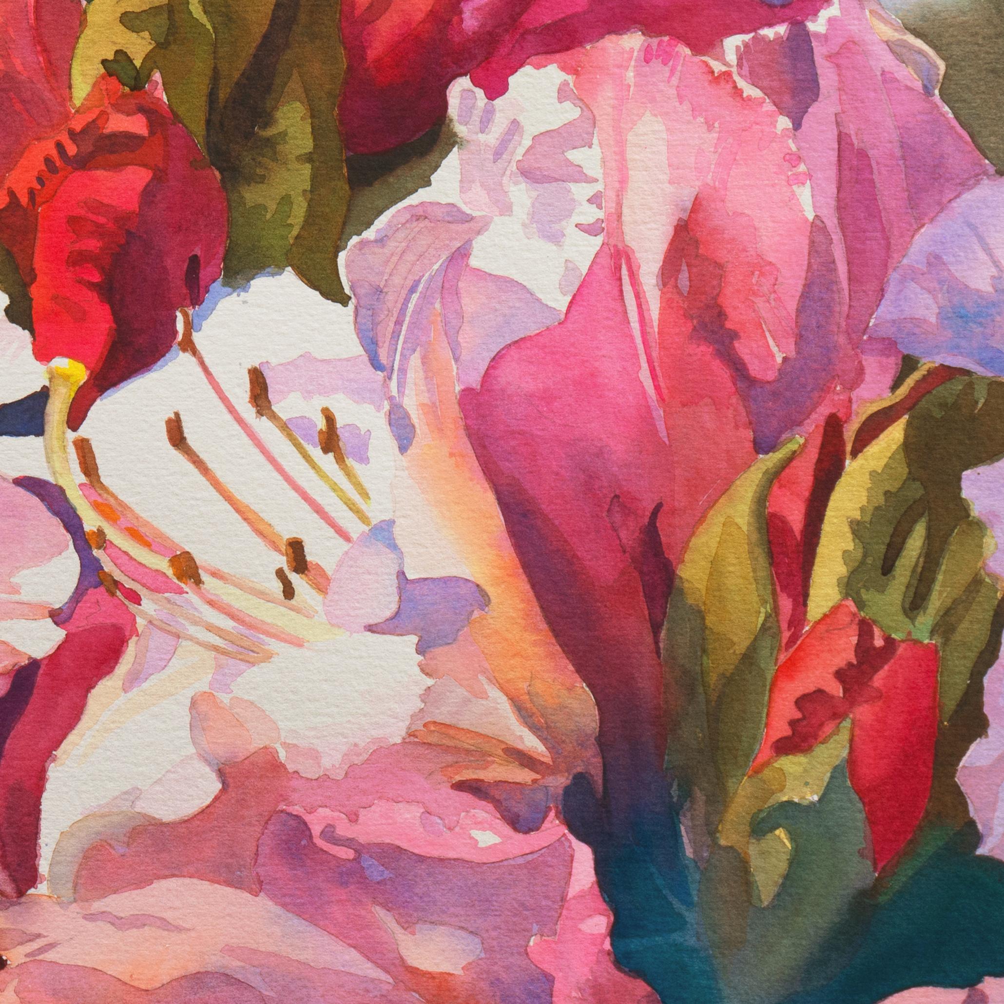 Signed lower left, 'M.E. Bailey' for Mike Bailey (American, 20th century) and painted circa 1980.

A substantial, bravura study of red and pink lilies contrasted against a variegated green background.

This notable American watercolorist has served