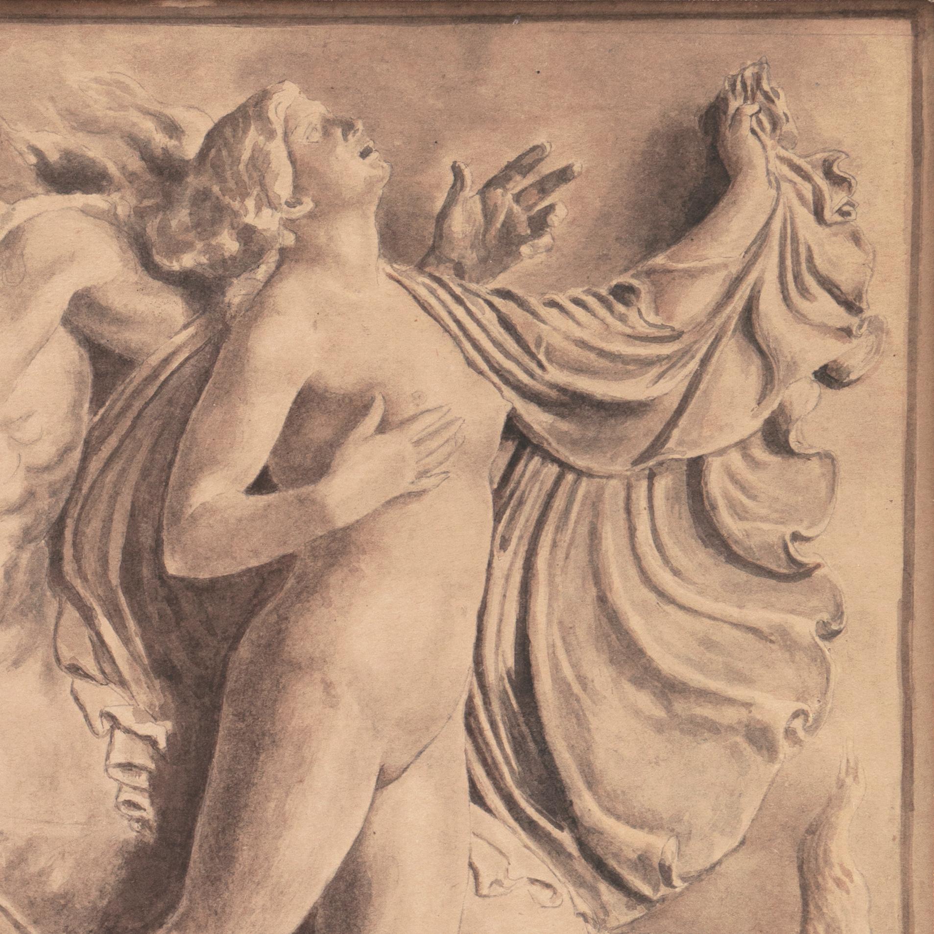 An exceptionally fine, pen and wash mythological figurative study showing a centaur interrupted in his playing of pan pipes and casting a speculative eye over a dancing nymph. Possibly derived from a high-relief architectural frieze.

Signed lower