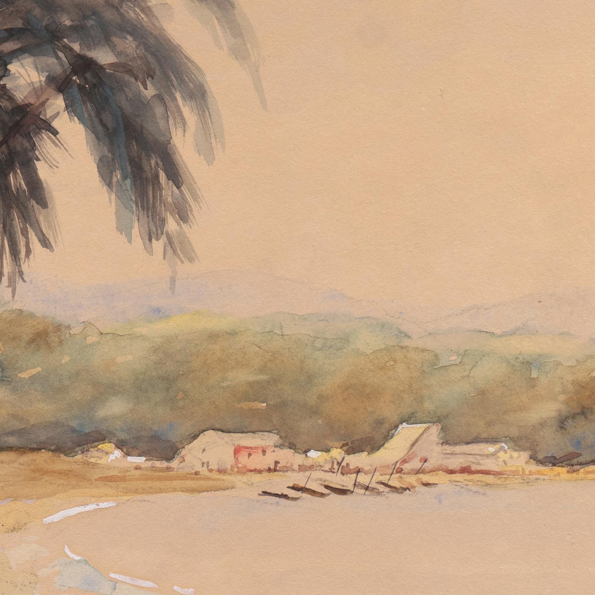 Signed lower right, 'T. Dentz' and painted circa 1910.

A sensitively painted coastal landscape, perhaps Caribbean, showing a panoramic view of a cove with palm trees in the foreground, two fishermen at the water's edge and wooded hills rising