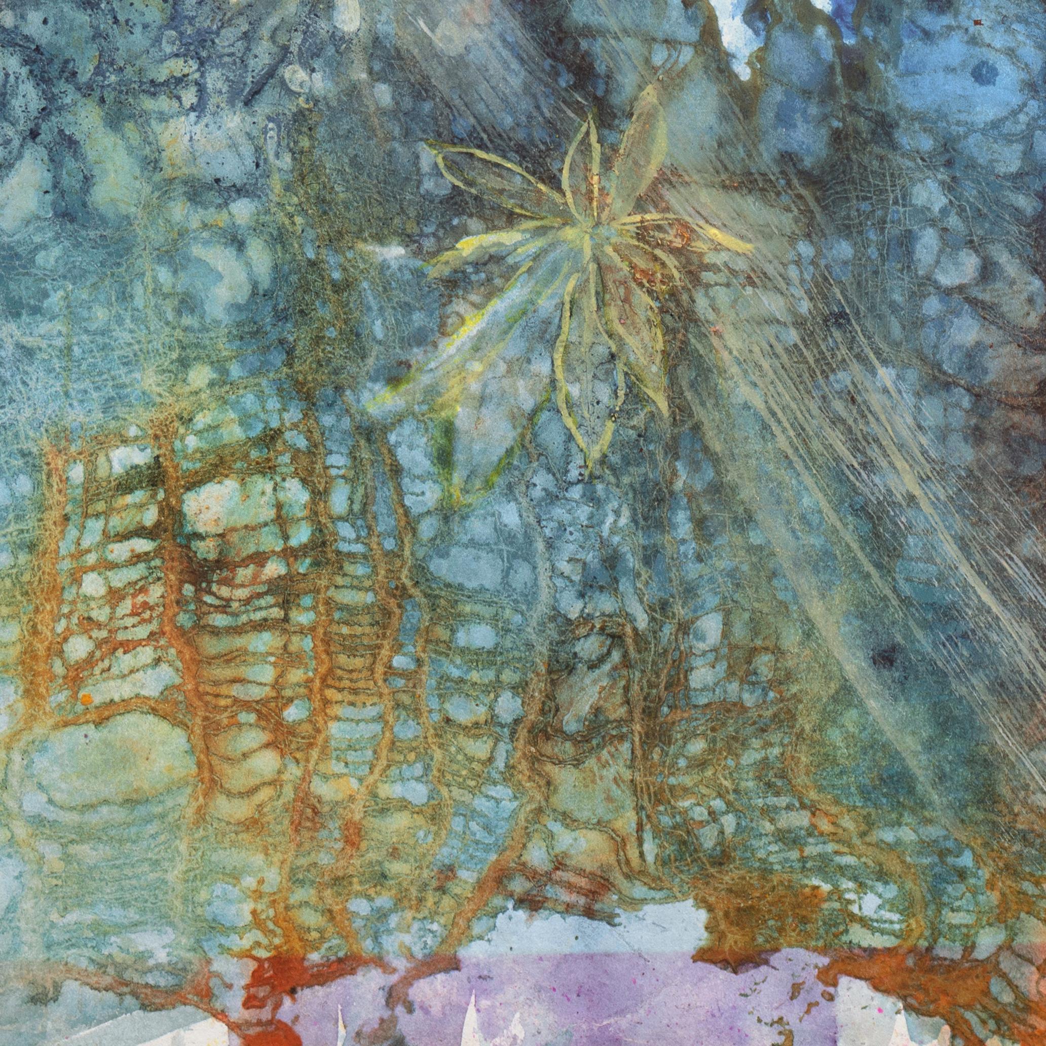 Signed lower left, 'Donna Dearden'; additionally signed on old backing, titled, 'Winter Coming' and painted circa 1975.

A semi-abstracted study of abscised leaves against a variegated sapphire background by this California artist. 