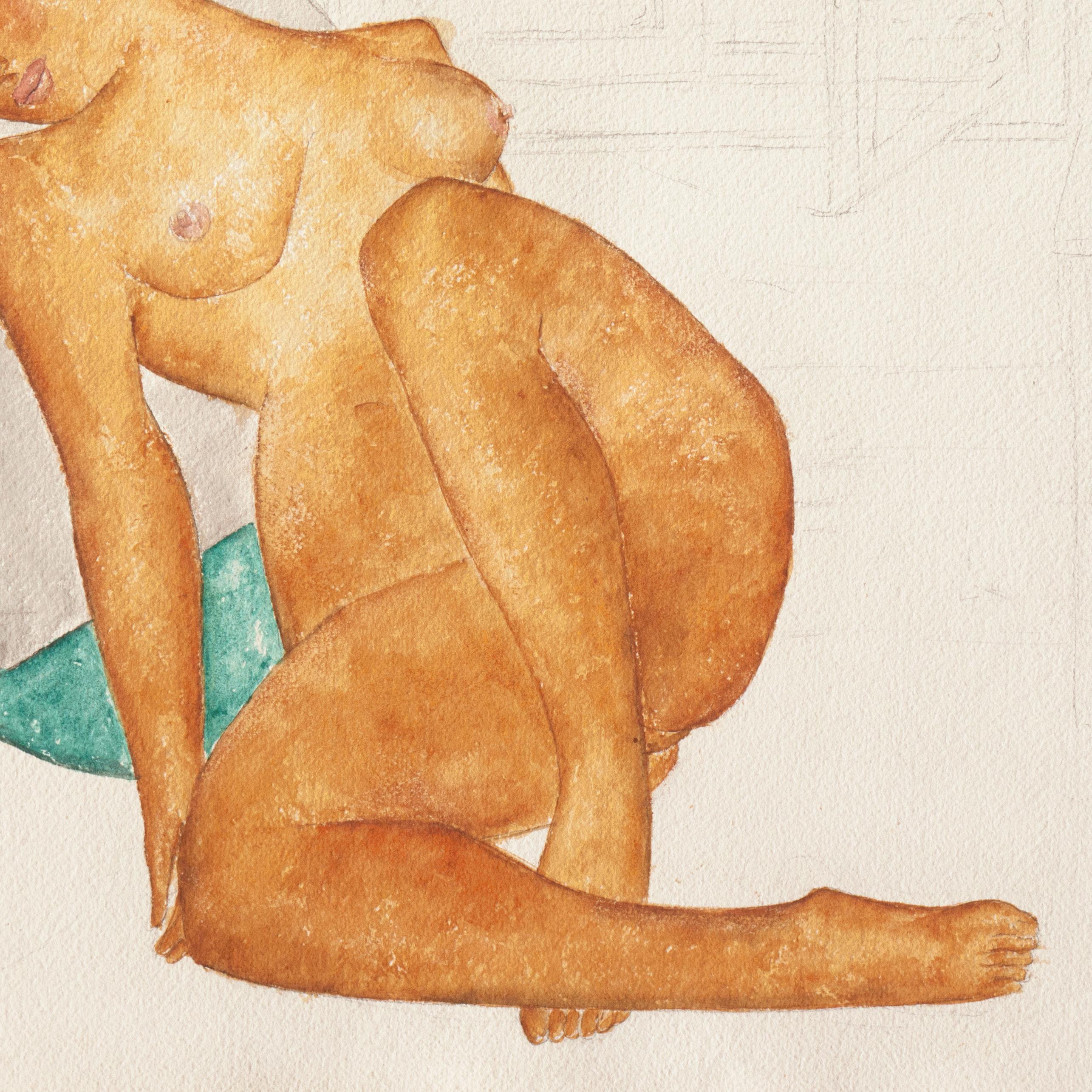 Certificazione di autenticità sul retro e dipinto nel 1920 circa.
Provenienza: Galleria Dualitie, Larchmont, NY

Uno studio art déco di una donna, con i capelli alla Josephine Baker, che si sdraia su dei cuscini in un interno leggermente abbozzato e