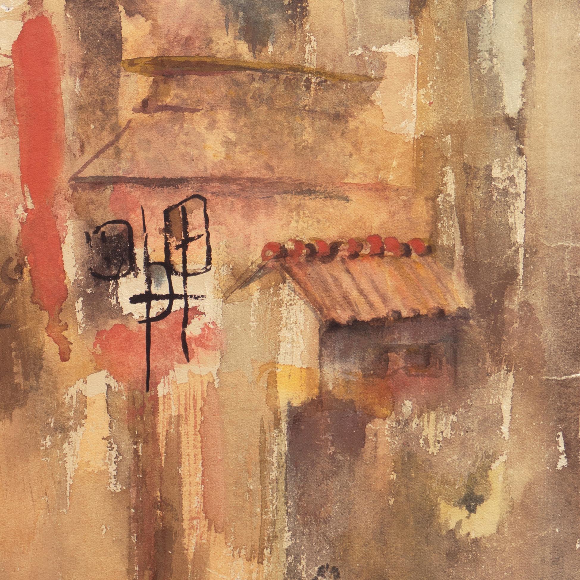 A semi-abstracted study of a Tuscan townscape with warm terra-cotta roofs and stucco hues of saffron and crimson. 

Signed lower right, 'D. Masters' for Dora Masters (American, 1916-2003) and painted circa 1965.

This listed, California woman artist