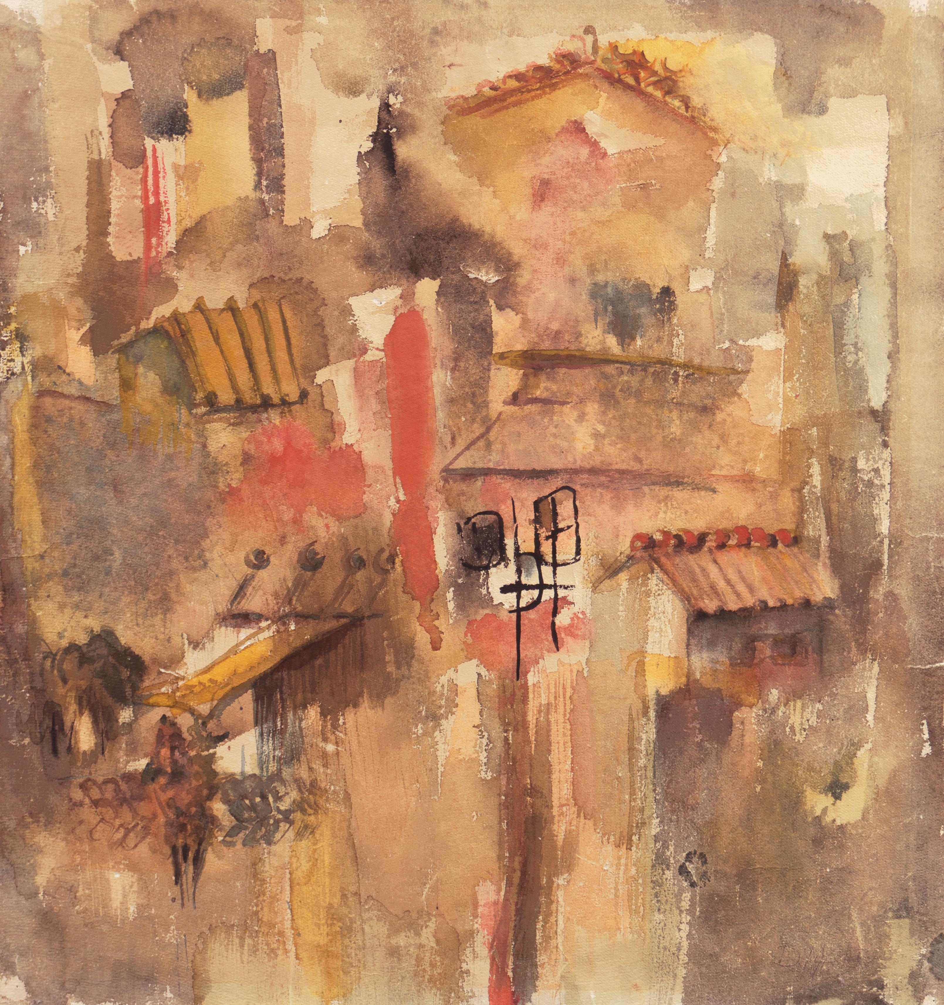 Dora Masters Abstract Drawing - 'Village in Tuscany', California Modernist woman artist, SFAA