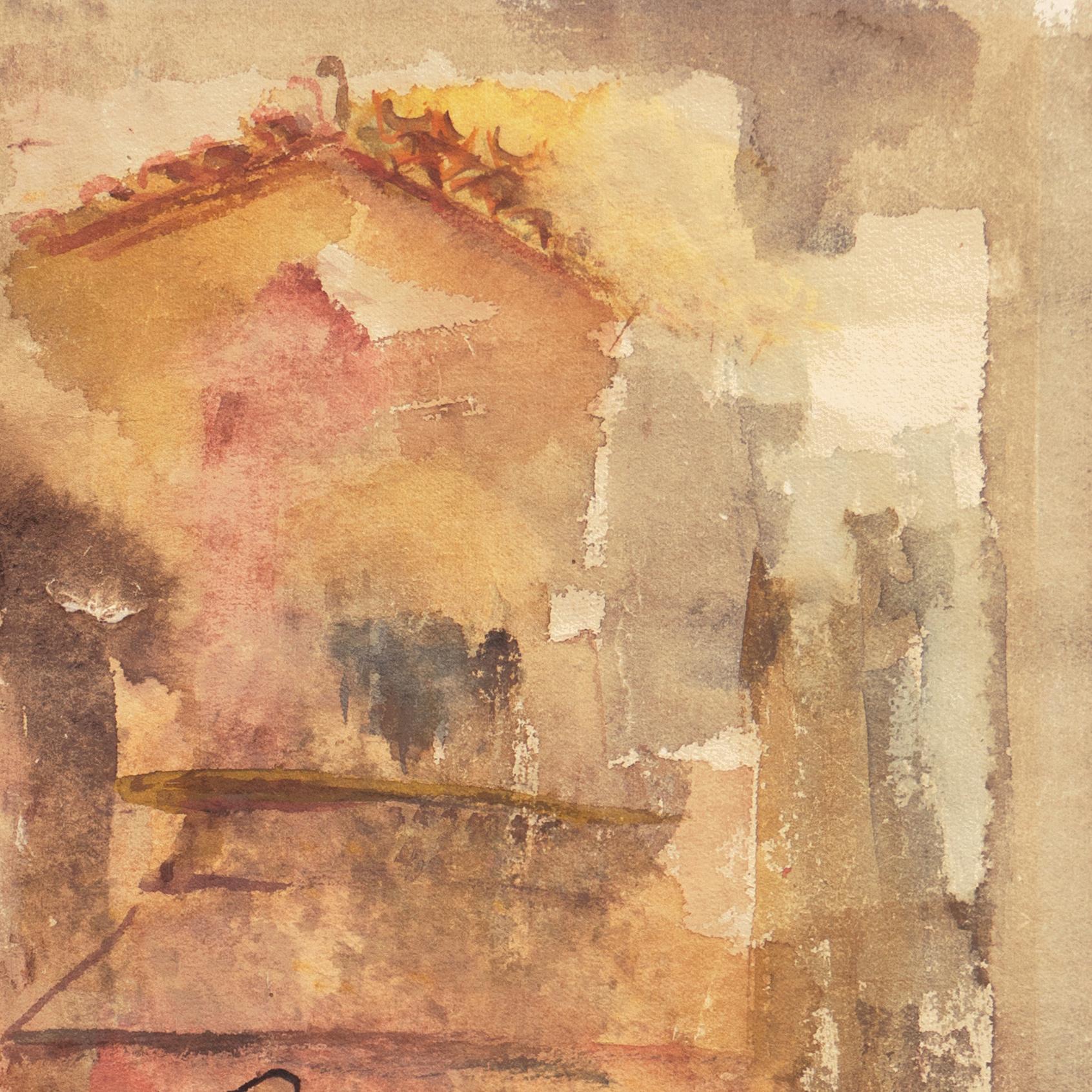 Eine halb abstrahierte Studie einer toskanischen Stadtlandschaft mit warmen Terrakotta-Dächern und Stucktönen in Safran und Karminrot. 

Signiert unten rechts: 