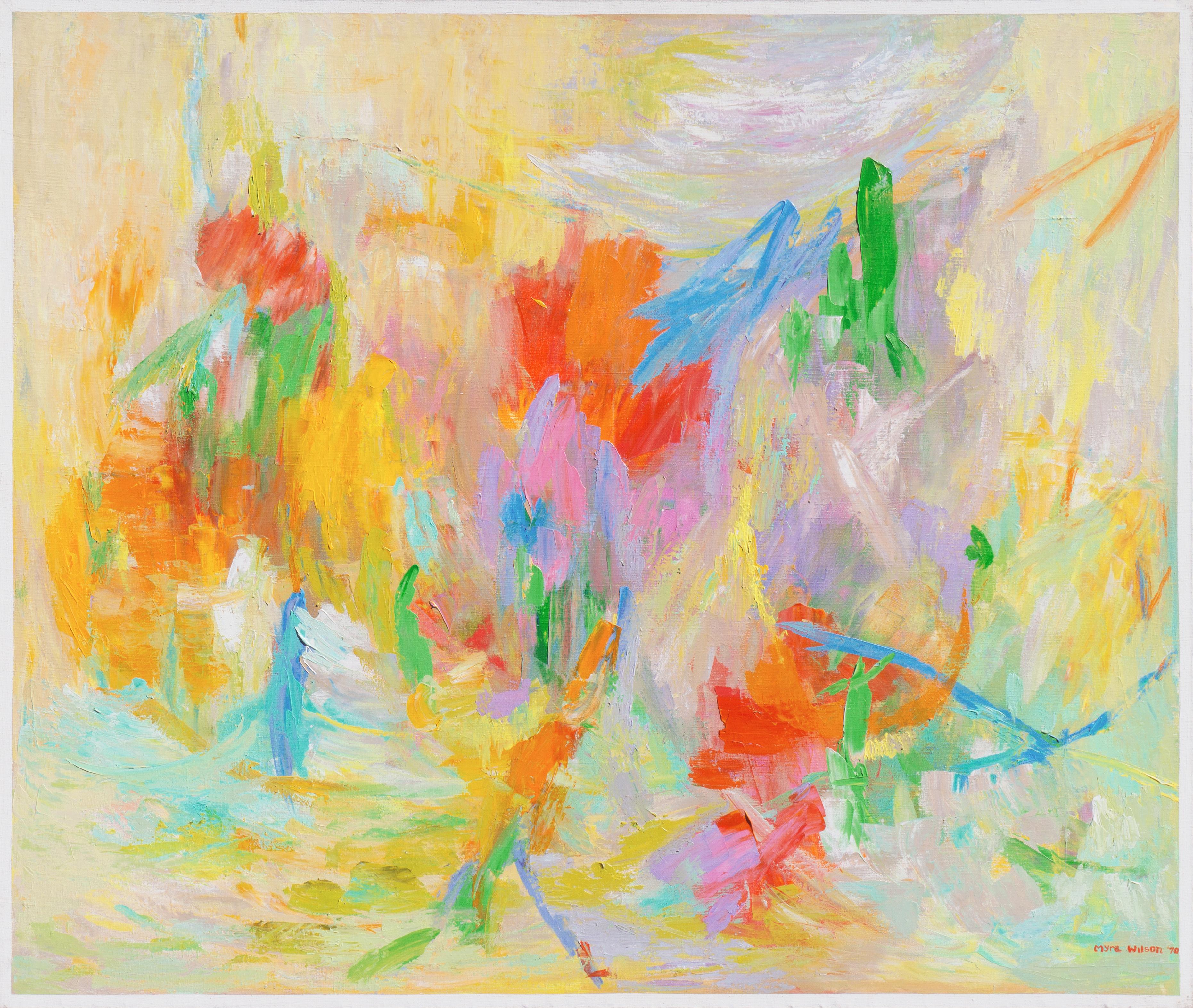 Action Abstract (Abstract Expressionism, Red, Blue, Green, Yellow) - Painting by Myra Wilson
