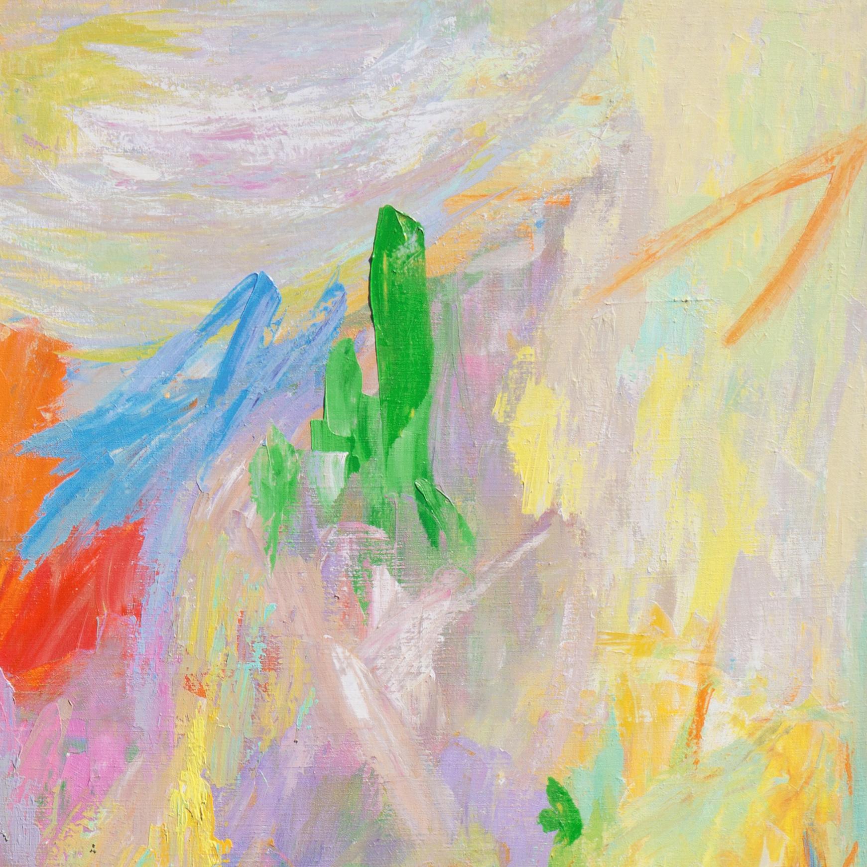 Action Abstract (Abstract Expressionism, Red, Blue, Green, Yellow) - Beige Abstract Painting by Myra Wilson