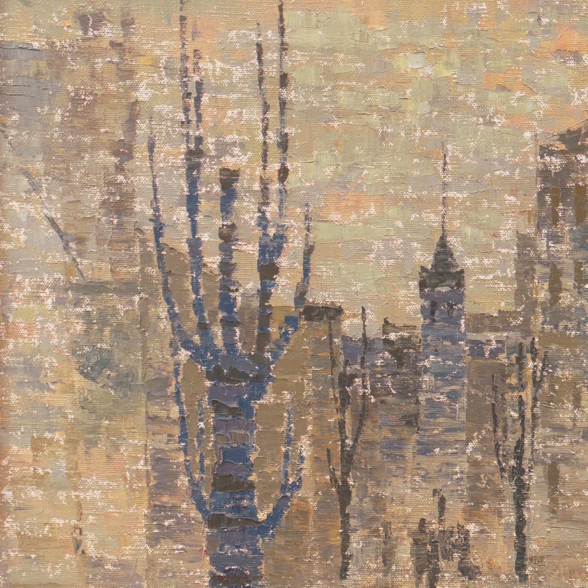 'Cityscape with Figures', Korean Tonalist Oil,  Salon Pagodong, Seoul, LACMA - Abstract Painting by Young-il Ahn