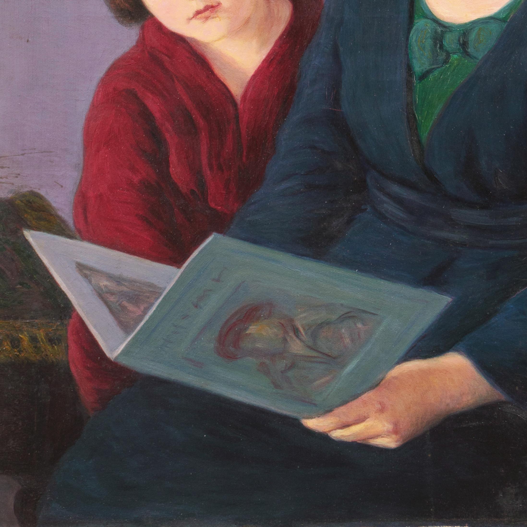 „Mother and Daughter Reading“, großes argentinisches Ölgemälde (Schwarz), Portrait Painting, von Arbo Francisco Benitez