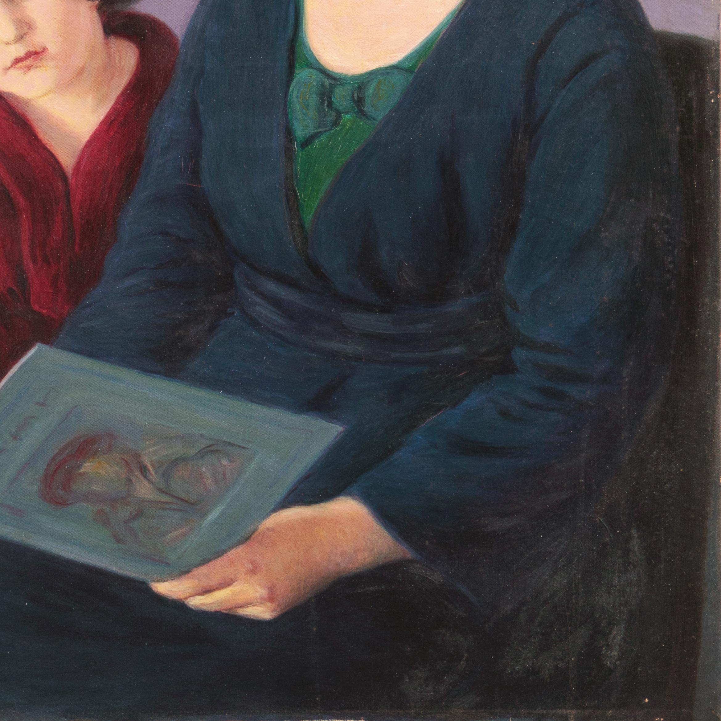 'Mother and Daughter Reading', Large Argentine oil - Black Portrait Painting by Arbo Francisco Benitez