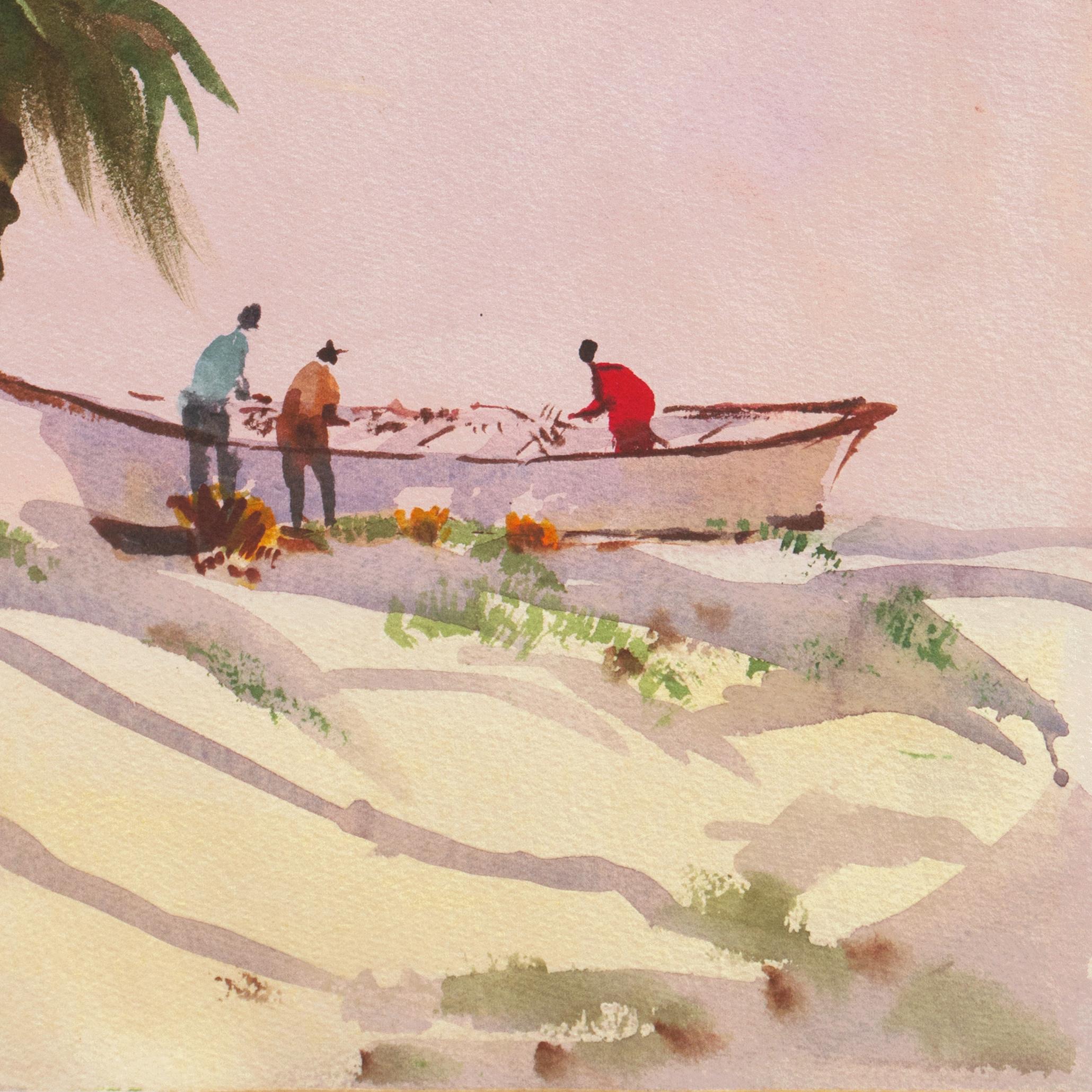 Watercolor painting of fishermen mending their nets in the shade of palm trees beneath a sunset sky. 

Signed lower left 