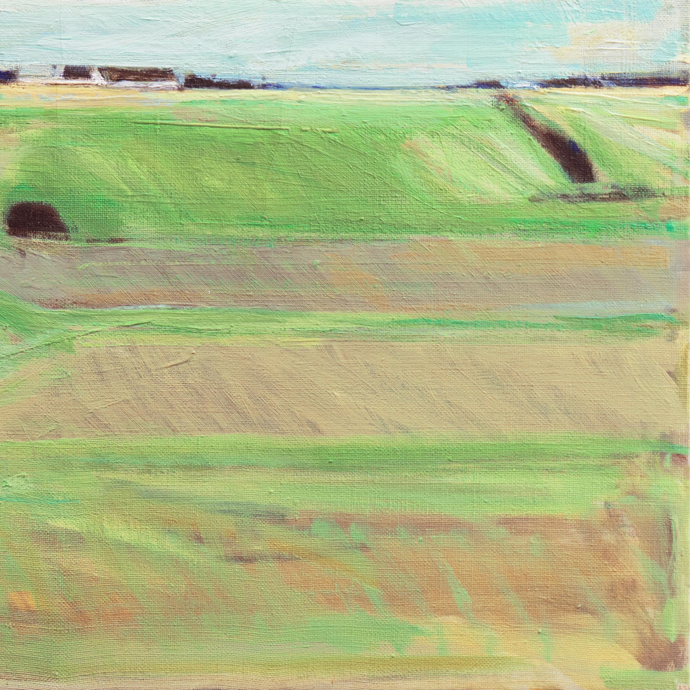 A poetic and painterly landscape showing a panoramic view of verdant fields with farm-buildings in the distance beneath swelling, light-suffused clouds.

Signed lower left with initials 'E.N.' for Erik Norgard (Danish, 1920-1997) and dated, verso,
