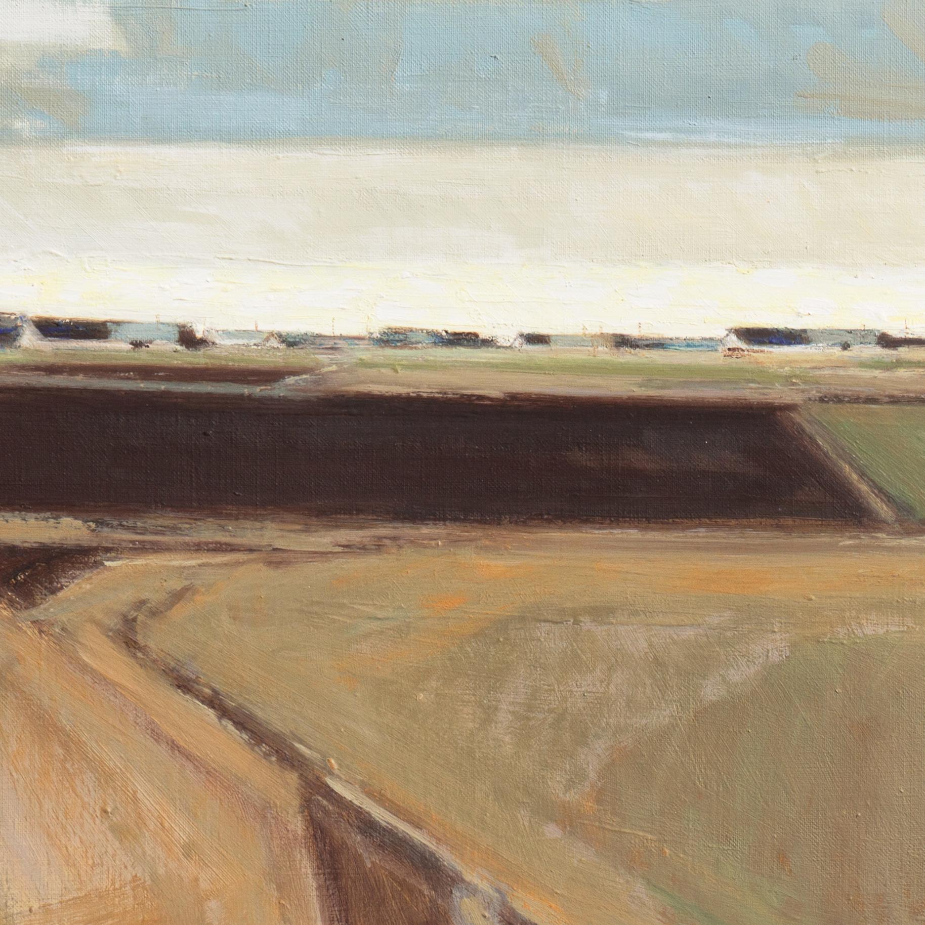 A poetic and painterly landscape showing a panoramic view of Harken, Denmark beneath swelling, light-suffused clouds.

Signed lower left with initials 'E.N.' for Erik Norgard (Danish, 1920-1997); additionally dated verso 1970, signed 'Erik Norgard'