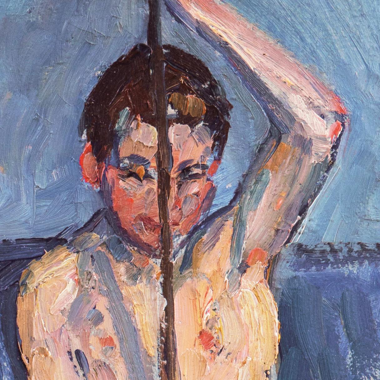 'Boy Fishing with Spear', Danish Post-Impressionist Figural Oil, Charlottenborg - Modern Painting by Lasse Winslow