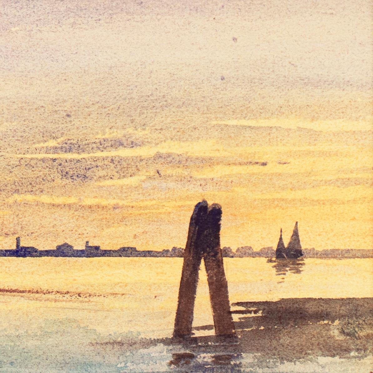 'Venice, Fishermen at Sunset', Venetian Lagoon watercolor  - Beige Landscape Art by Eugenio Benvenuti